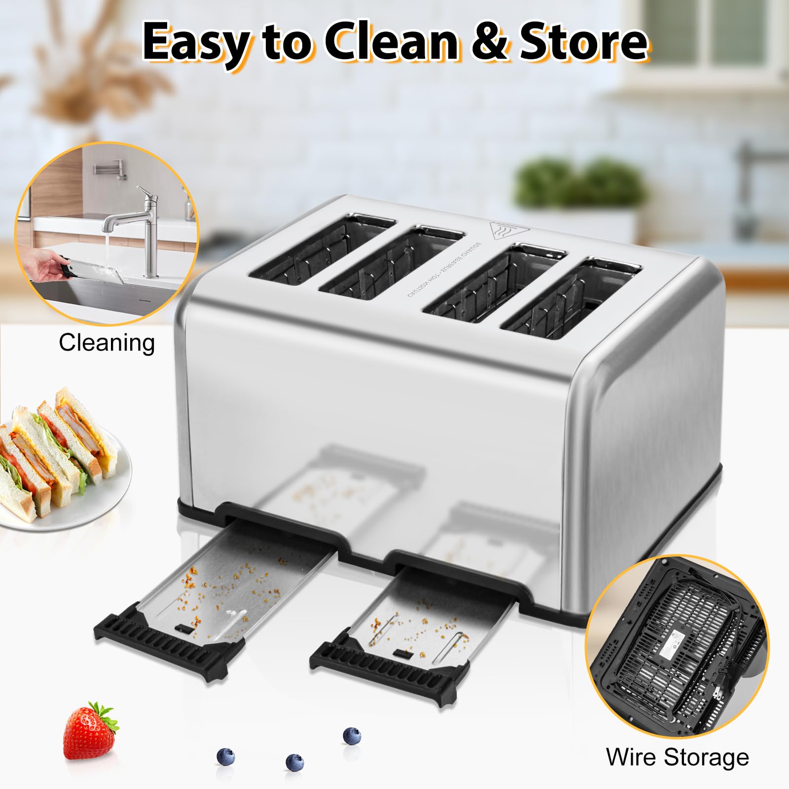 4 Slice Toaster with Extra-Wide Slots - Dual Independent Controls, 6 Toast Levels, Defrost/Reheat/Bagel Functions - 1650W Stainless Steel Toaster for Bagels, Thick Bread & Pastries - Perfect for Breakfast, Brunch & Family Dining