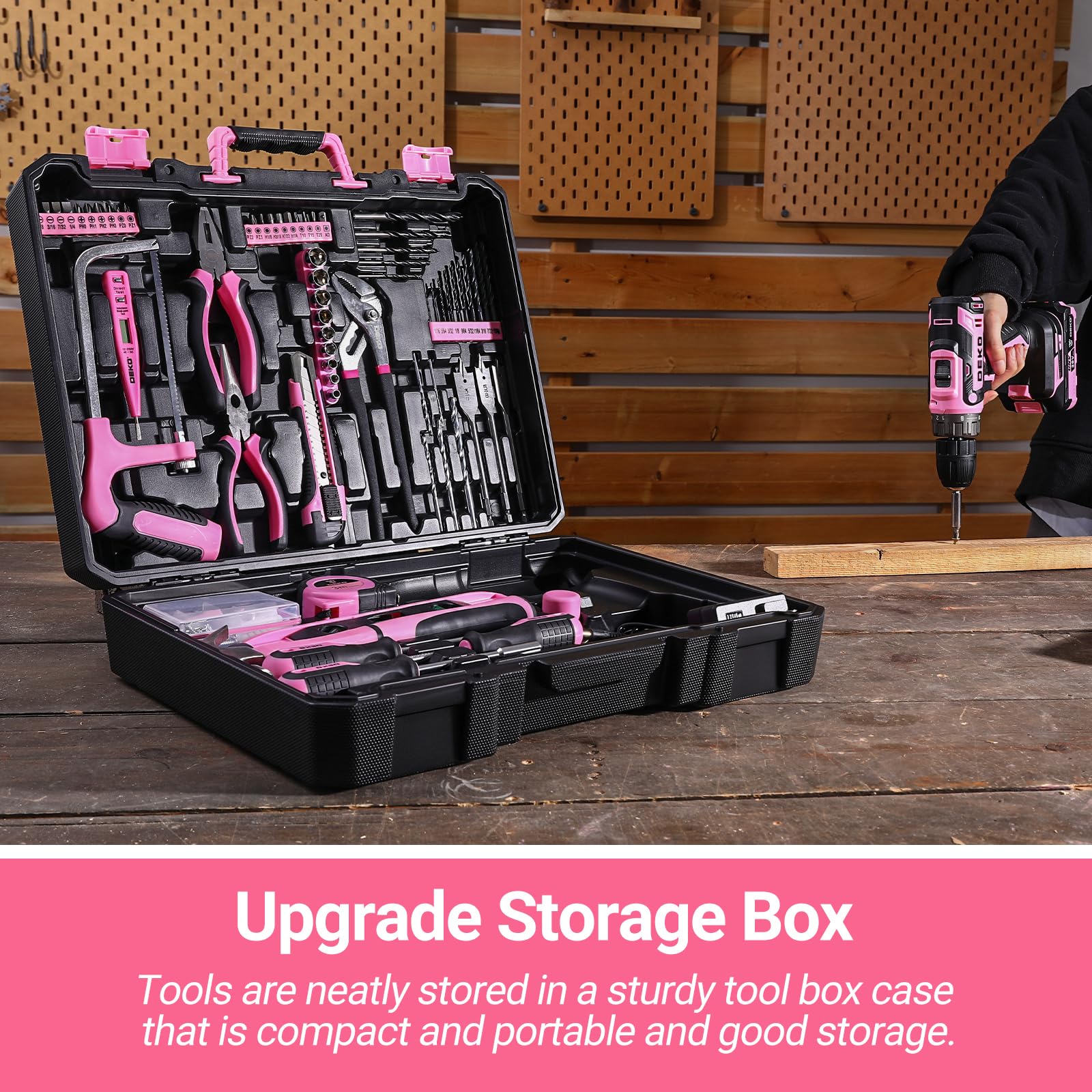 DEKOPRO 20V Cordless Drill Kit - Pink Power Drill Set with Battery, Electric Drill Driver, Toolbox & Accessories for Home Repair, DIY Projects, Woodworking & Handyman Tasks (DKMT186-GP)