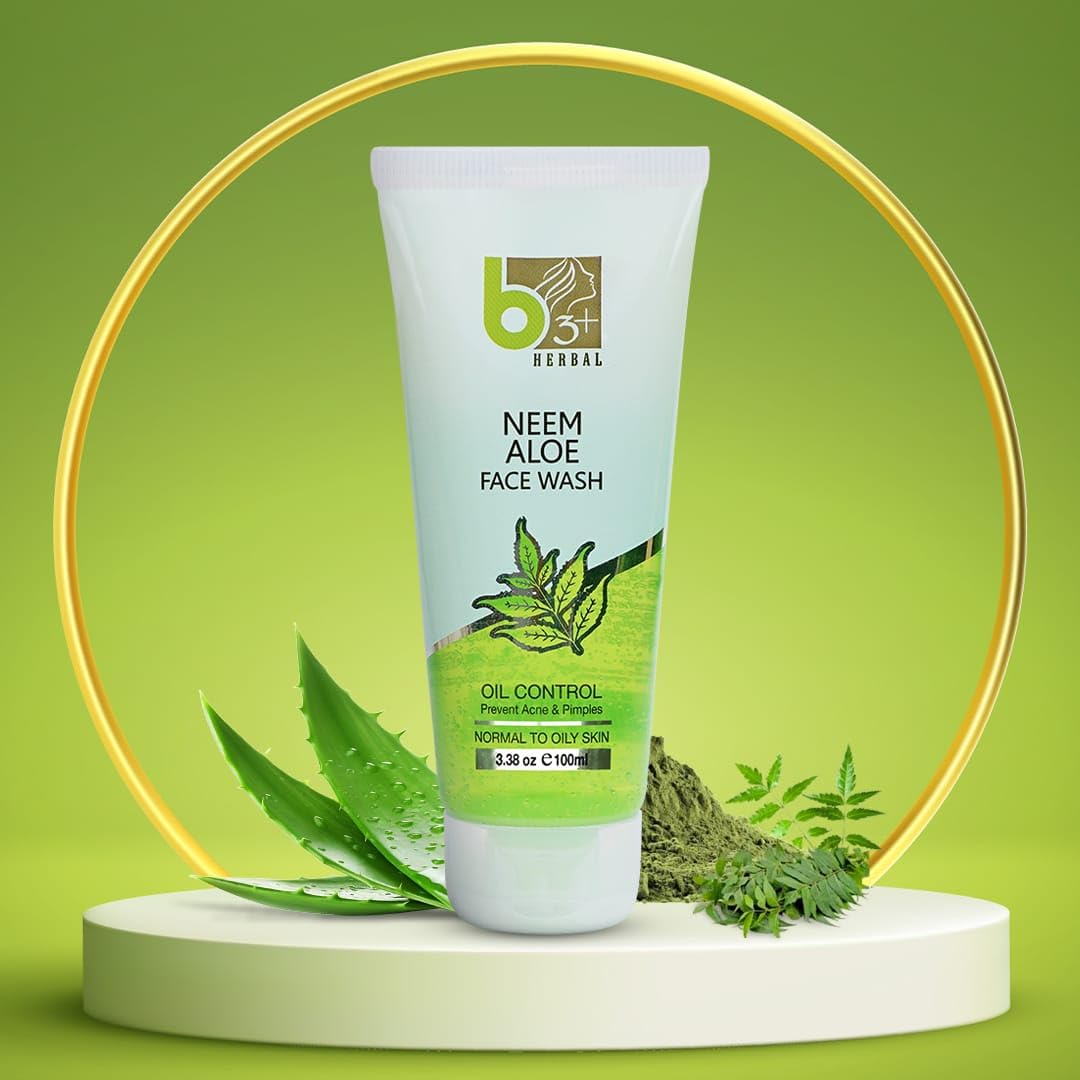 B3+ Herbal Neem & Aloe Face Wash for Normal to Oily Skin - Acne & Pimple Control Treatment - Pack of 2 - Gentle Daily Cleanser for Clear, Healthy Skin - Perfect for Morning & Night Skincare Routine