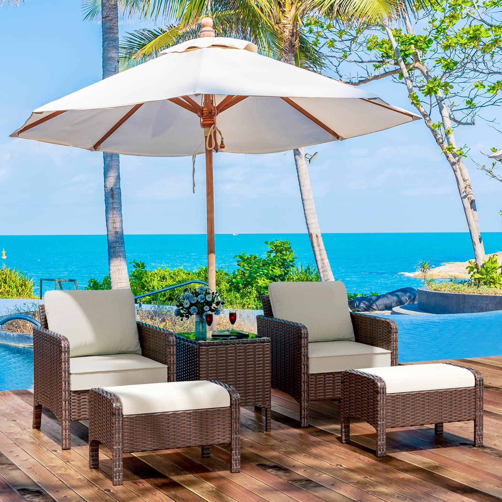 Increkid 5-Piece Wicker Patio Furniture Set - Outdoor Rattan Conversation Chairs with Ottomans, Coffee Table & Cushions - Waterproof Poolside Sectional Sofa for Porch, Balcony, Lawn, Yard, Garden - Perfect for Relaxing, Entertaining & Outdoor Gatherings