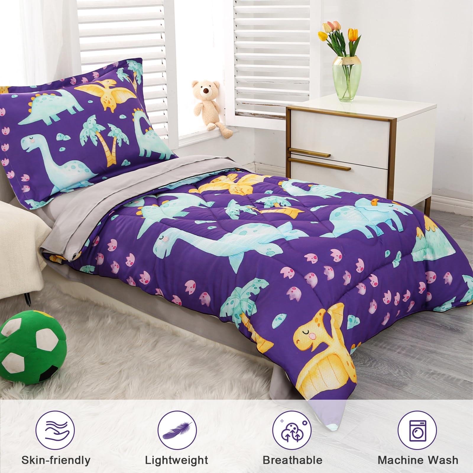 Wowelife Dinosaur Toddler Bedding Set for Boys - Premium 4 Piece Comforter Set (Flat Sheet, Fitted Sheet, Comforter & Pillowcase) - Soft Purple Dino Themed Bedding for Kids Room Decor & Cozy Nursery Sleep