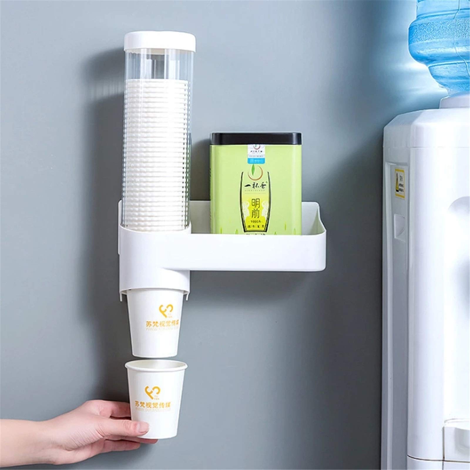 Automatic Wall Mounted Cup Dispenser for Water Cooler - Disposable Paper Cup Holder with Lid Storage Rack - White One Size - Perfect for Office, Kitchen, Restaurant & Break Room Use