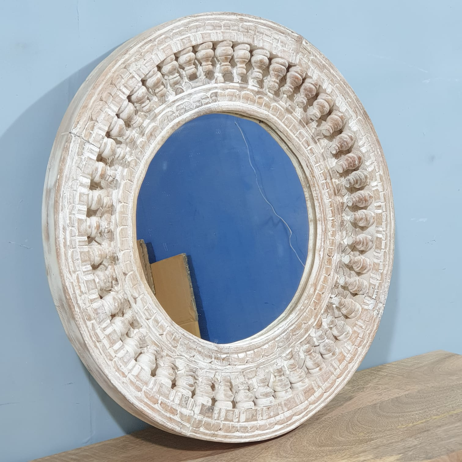 Handmade Indian Wooden Mirror Frame - Hand Carved Whitewash Design - 55x5x55 cm - Perfect for Boho, Farmhouse & Eclectic Home Decor