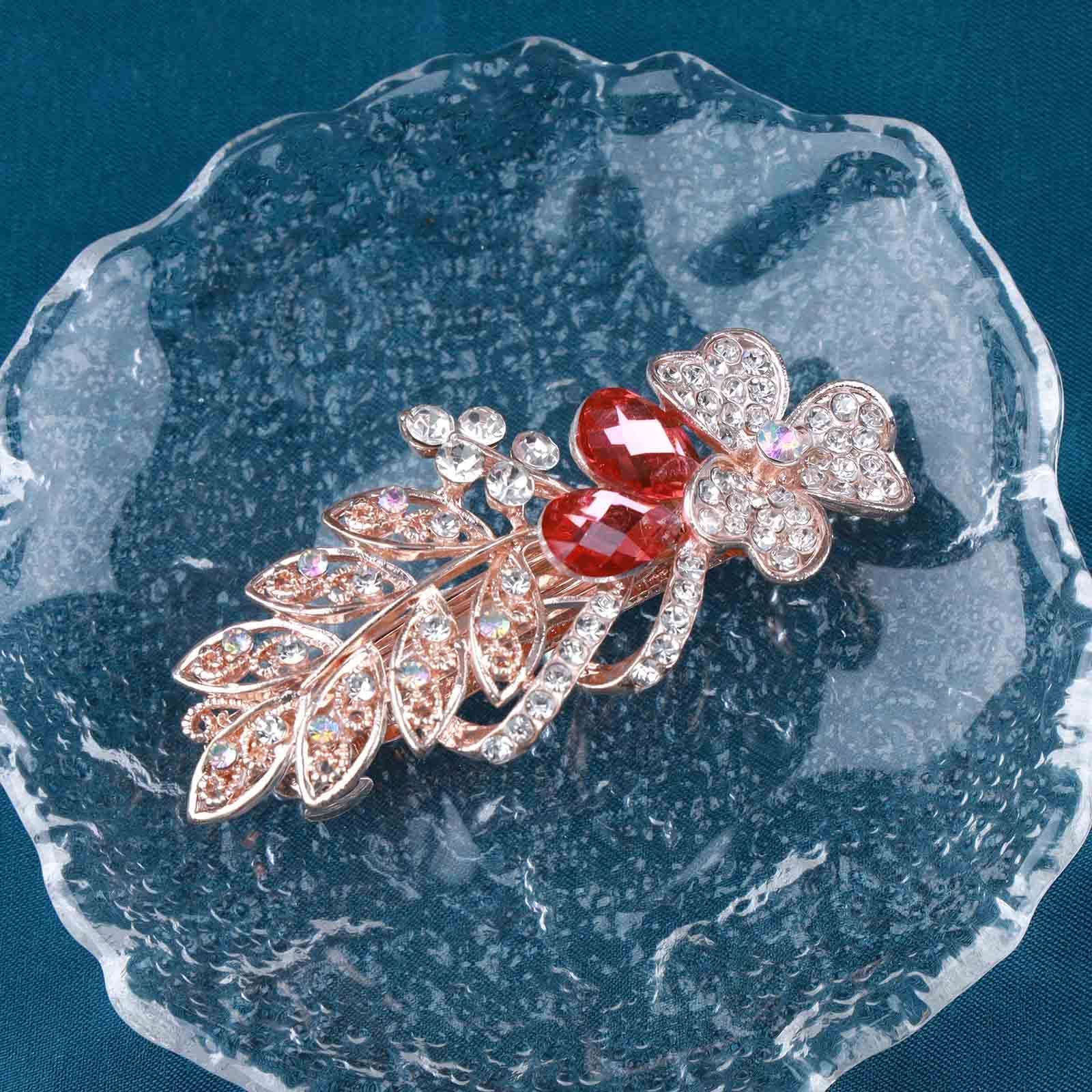Sparkling Gold Rhinestone Crystal Wedding Hair Clip - Elegant Bridal Hair Accessories for Women & Girls | Perfect for Weddings, Prom, Parties & Special Occasions (Red)