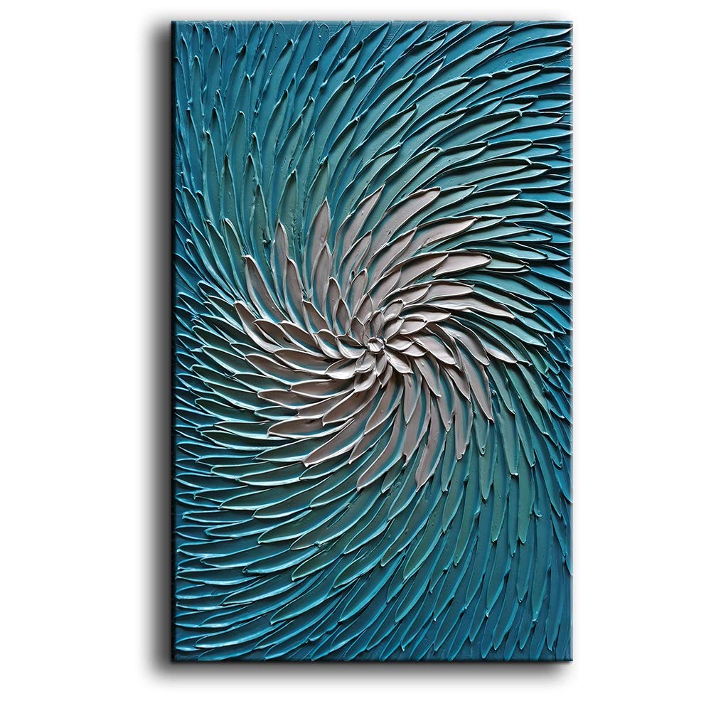 YaSheng Art - Modern 3D Metallic Blue & Silver Abstract Oil Painting on Canvas | Contemporary Wall Art Decor | Ready to Hang 24x36 Inch | Perfect for Living Room, Bedroom & Office Decor