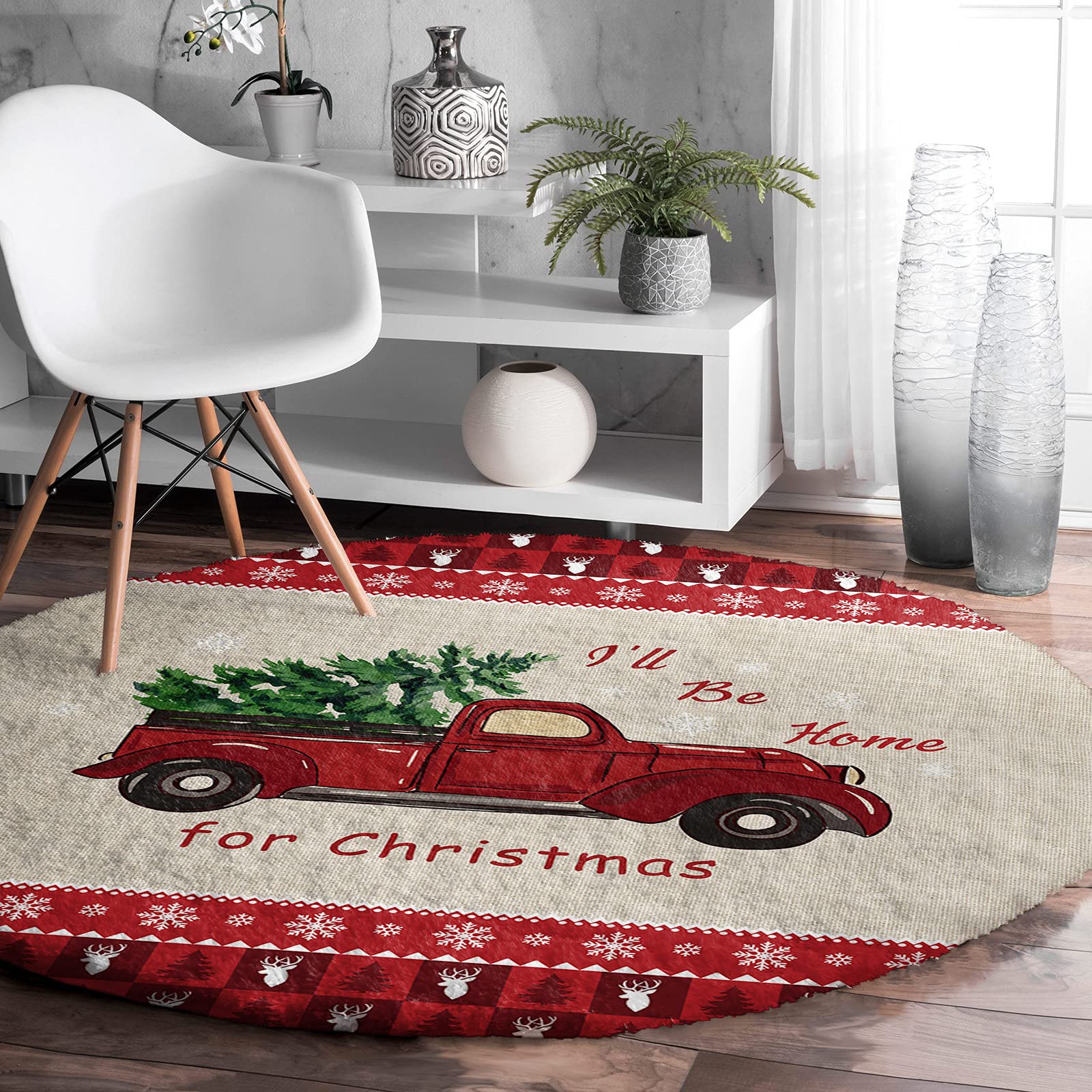 Vintage Red Truck Christmas Shaggy Area Rug - Soft Plush 3ft Round Rug for Kids Room, Nursery, Living Room | Holiday Home Decor & Cozy Floor Mat (Perfect for Festive Decor & Family Gatherings)