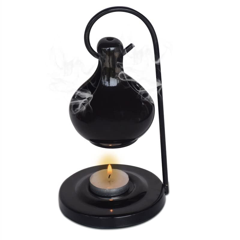 Pure Source India Ceramic Aroma Oil Diffuser Hanging Burner - 4 x 8 Inch Black Home Fragrance Decor | Essential Oil Warmer for Bedroom, Yoga Studio & Spa Gift
