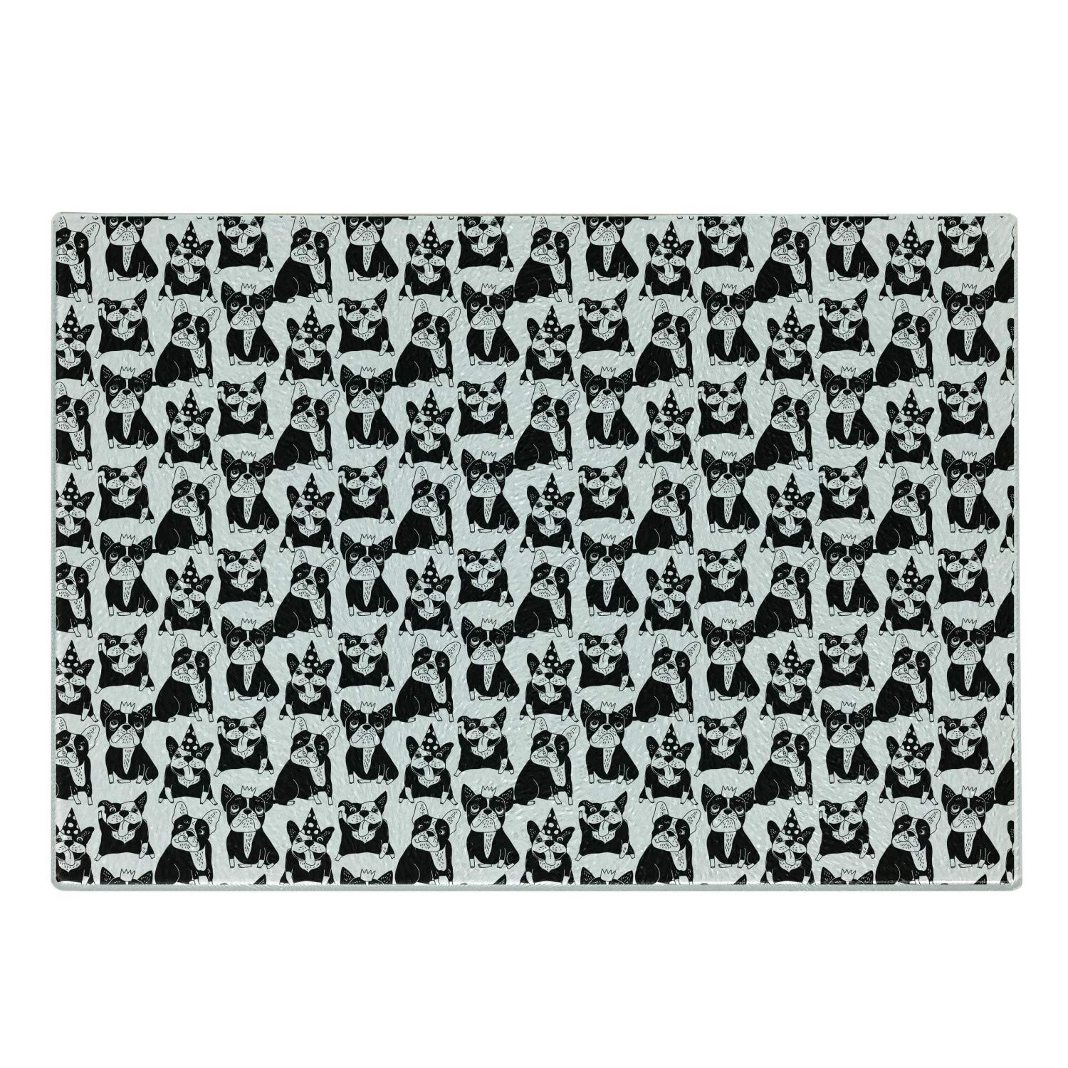 Ambesonne Bulldog Tempered Glass Cutting Board - Doodle Style Fun Pattern with Playful Pets in Party Hats, Black and White Small Decorative Serving Board for Kitchen, Charcuterie, Cheese Display & Party Decor