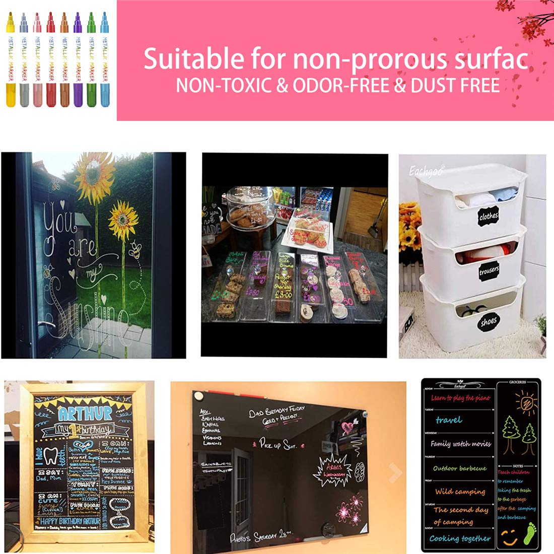 Metallic Liquid Chalk Markers - 8 Pack with 6mm Bold Tip, Erasable Chalk Pens for Blackboard, Bistro Menu & Window Writing - Perfect for Restaurants, Cafes, Classrooms & DIY Projects