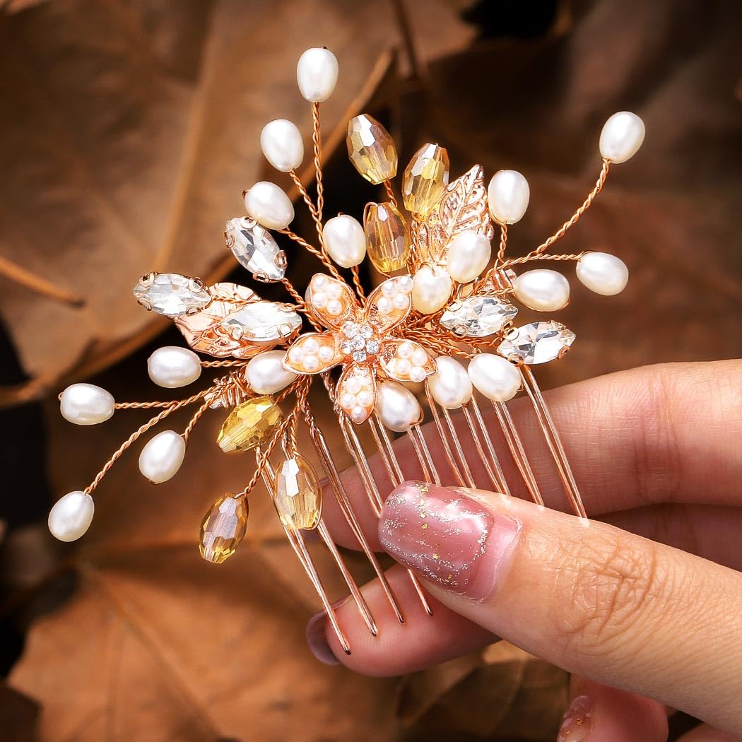 Rose Gold Crystal Bridal Hair Comb - Rhinestone Hair Accessories for Weddings & Parties