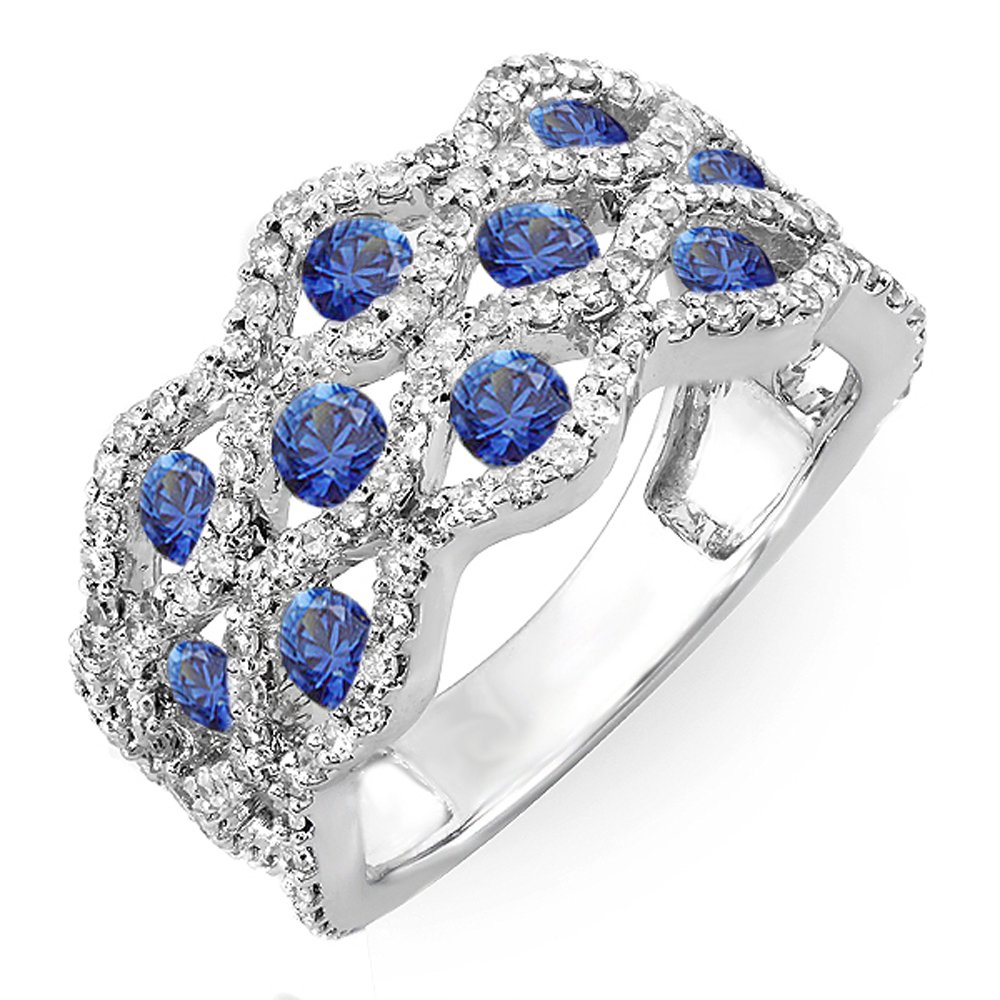 18K White Gold Round White Diamond & Blue Sapphire Women's Cocktail Ring - Dazzlingrock Collection - Elegant Right Hand Ring for Parties, Weddings & Special Occasions