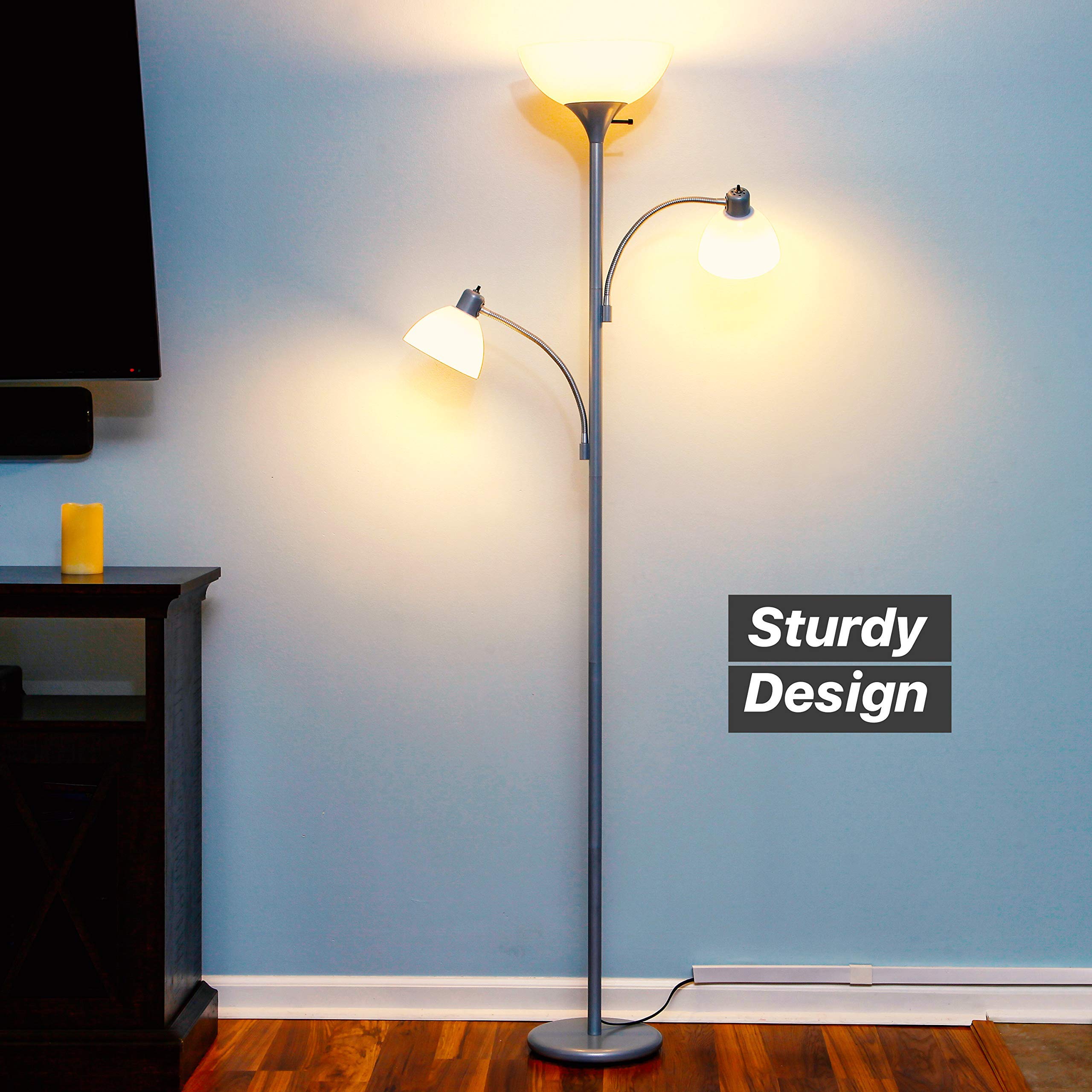 Brightech Sky Dome Double LED Floor Lamp - Super Bright Torchiere with 2 Adjustable Reading Lights, Dimmable Standing Lamp for Living Room, Bedroom & Office - Tall Silver Pole Floor Light for Reading, Working & Relaxing