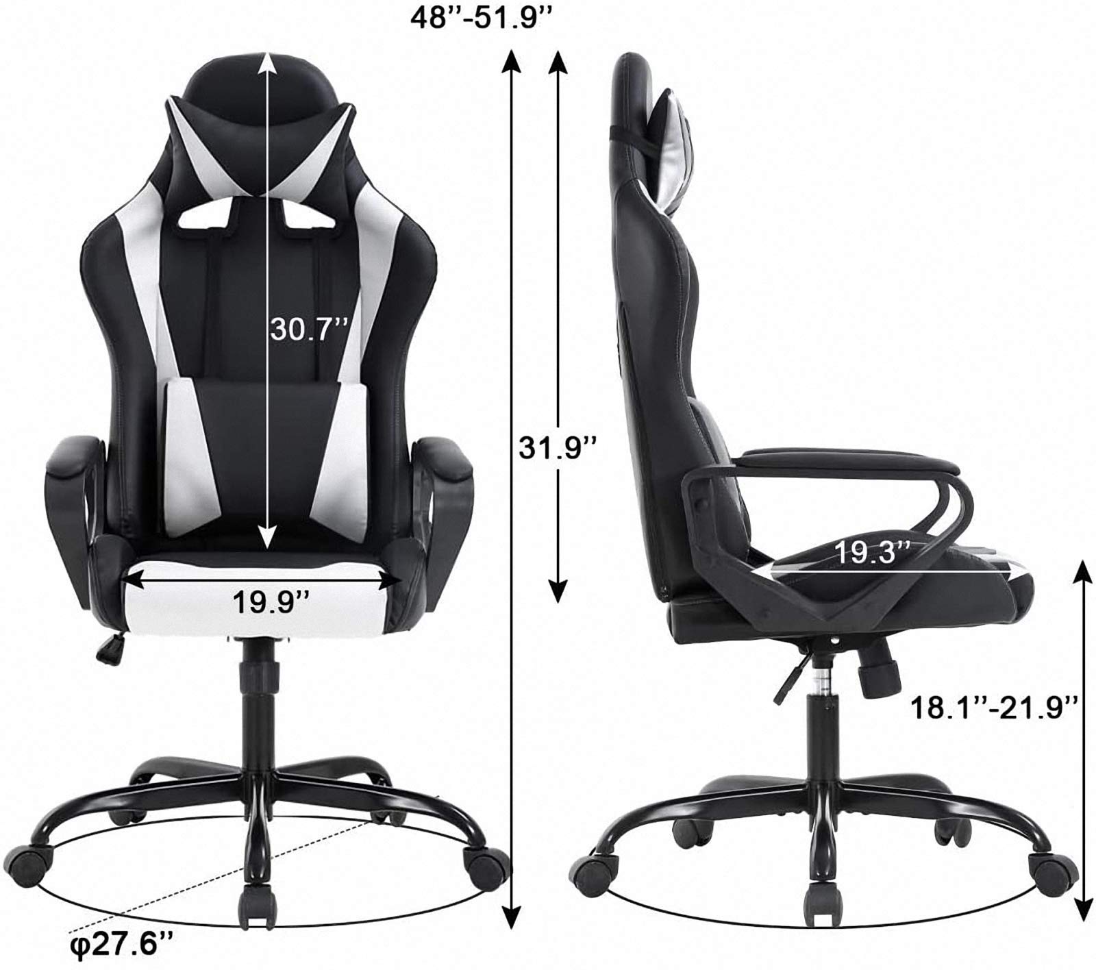 Racing Style Gaming Chair - Ergonomic High Back Office Chair with Adjustable Headrest & Lumbar Support - White Leather Computer Desk Chair for Gaming, Work & Home Office Use