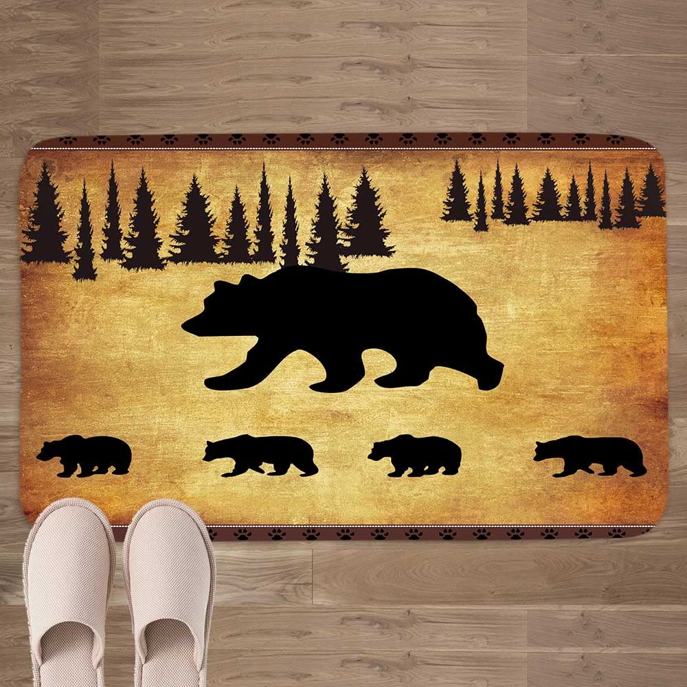JAWO Rustic Cabin Bathroom Rug - Non-Slip Bath Mat with Black Bear & Forest Trees Design - Water Absorbent Cabin Decor for Bathroom & Kitchen (17
