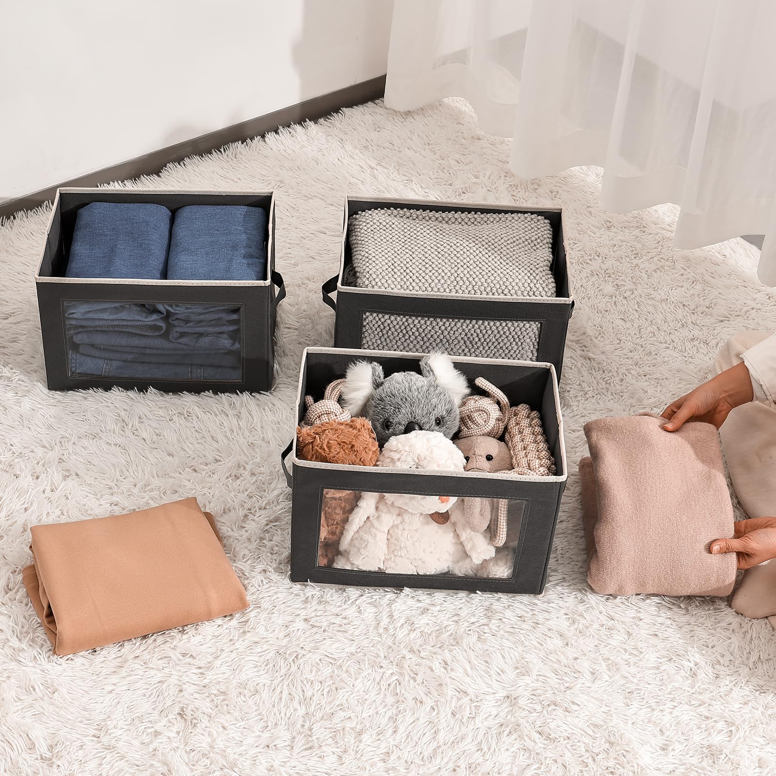 Fabric Storage Bins with Lids - Collapsible Closet Organizer Boxes with Window for Clothes, Towels, Books | Space-Saving Home Organization Solution for Bedroom, Nursery & Office (3-Pack, Grey)