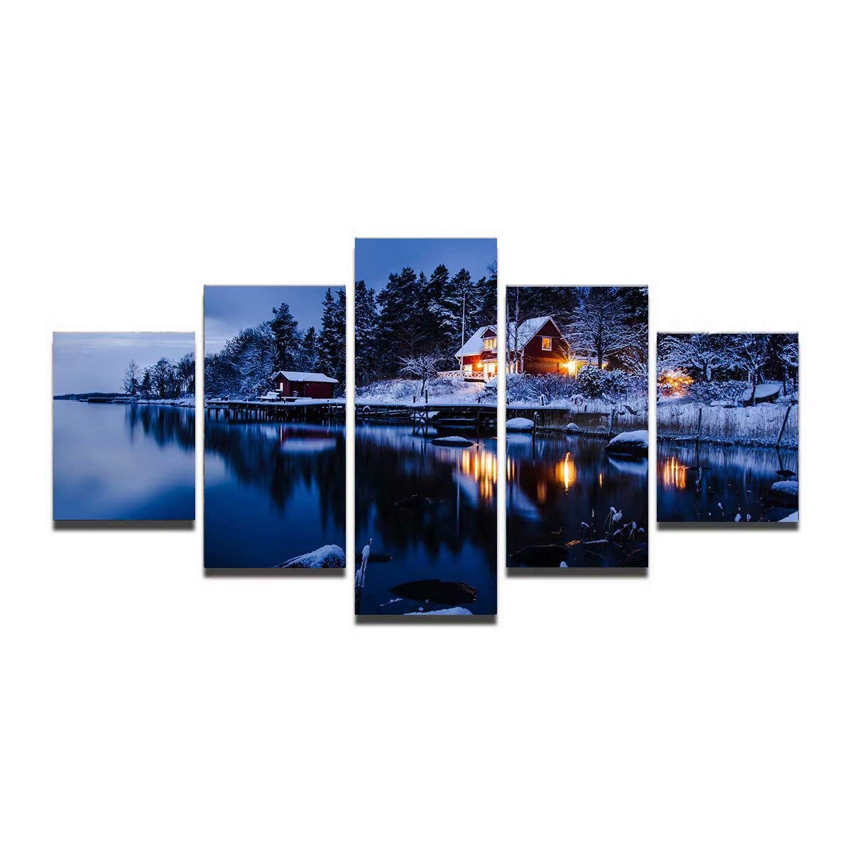 5 Panels Canvas Wall Art - Snowflake Trees Houses Modern Home Decor Stretched and Framed Ready to Hang | Winter Landscape Painting for Living Room, Bedroom & Office Decor