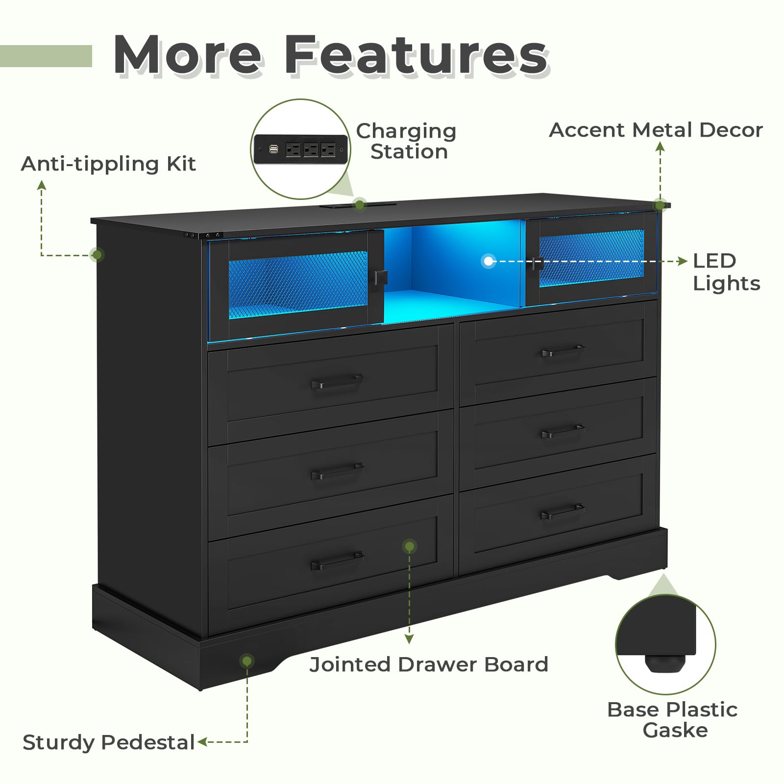 Hasuit 6-Drawer LED Dresser with USB Charging Station - Farmhouse Style Closet Organizer & Clothes Storage Cabinet - Perfect for Bedroom, Living Room, Hallway (Black) | Ideal for Home Organization, Nightstand Alternative, and Modern Bedroom Decor