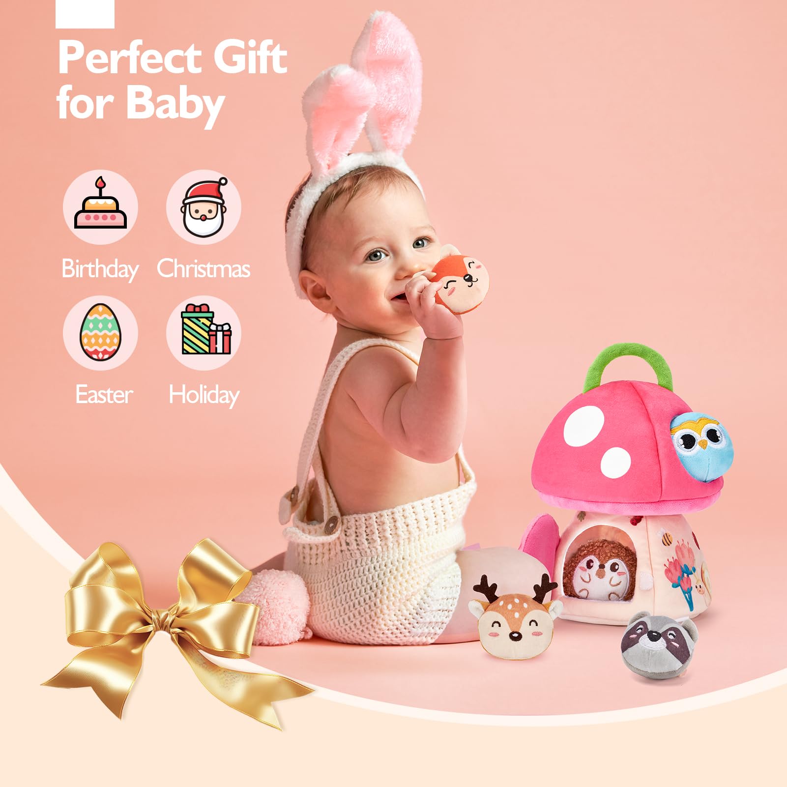 Hahaland Montessori Sensory Toys for Baby Girls 6-12 Months - Mushroom House Playset with Stuffed Jungle Animals, Rattle, Crinkle Paper & Mirror - Educational Toddler Toys for 1 Year Old Girls - Perfect Gift Basket Stuffers for Birthdays & Baby Showers