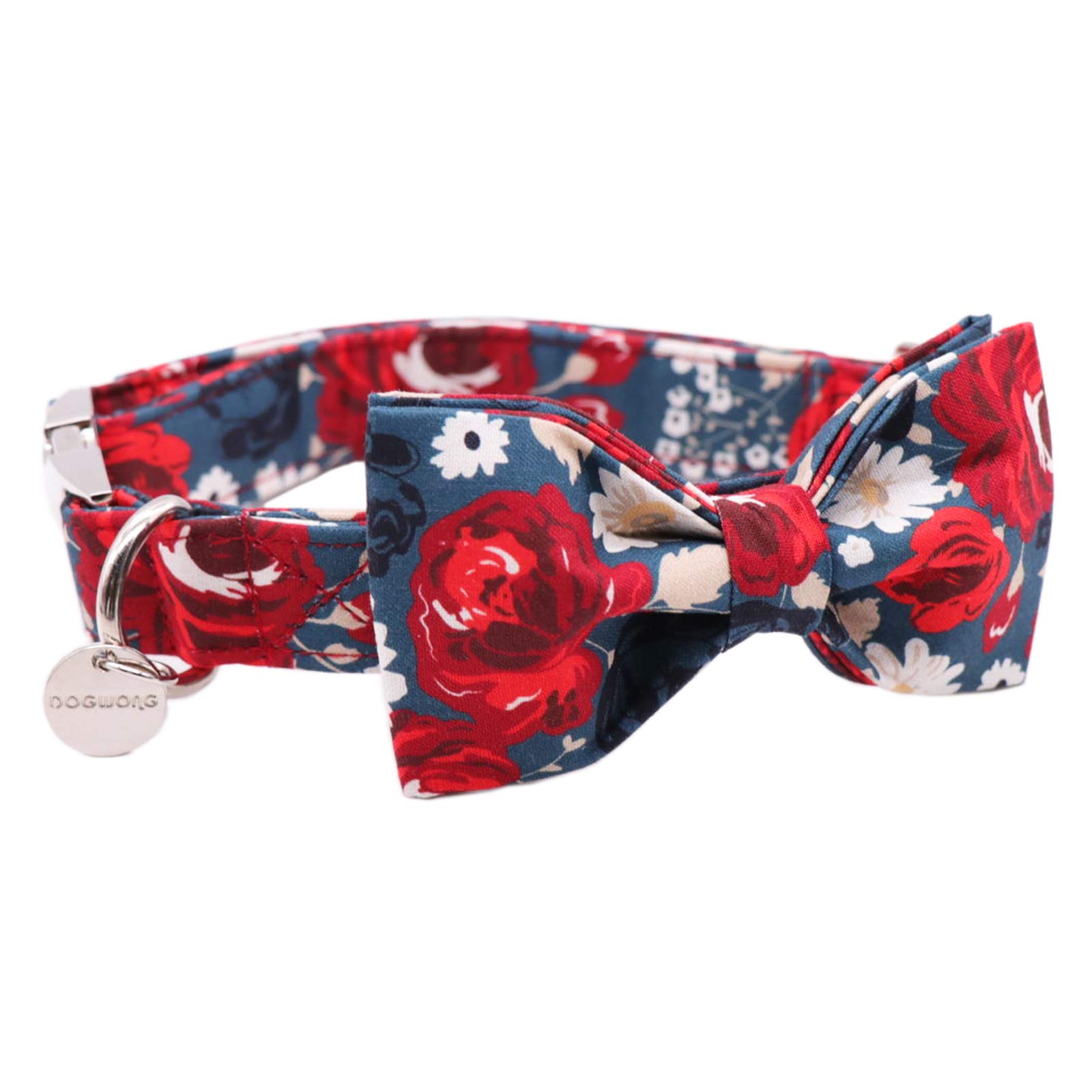 DOGWONG Adjustable Cotton Dog Collar with Floral Print & Bow - Heavy Duty Pet Collar for Small, Medium & Large Dogs - Perfect for Daily Walks, Training & Fashion Accessories