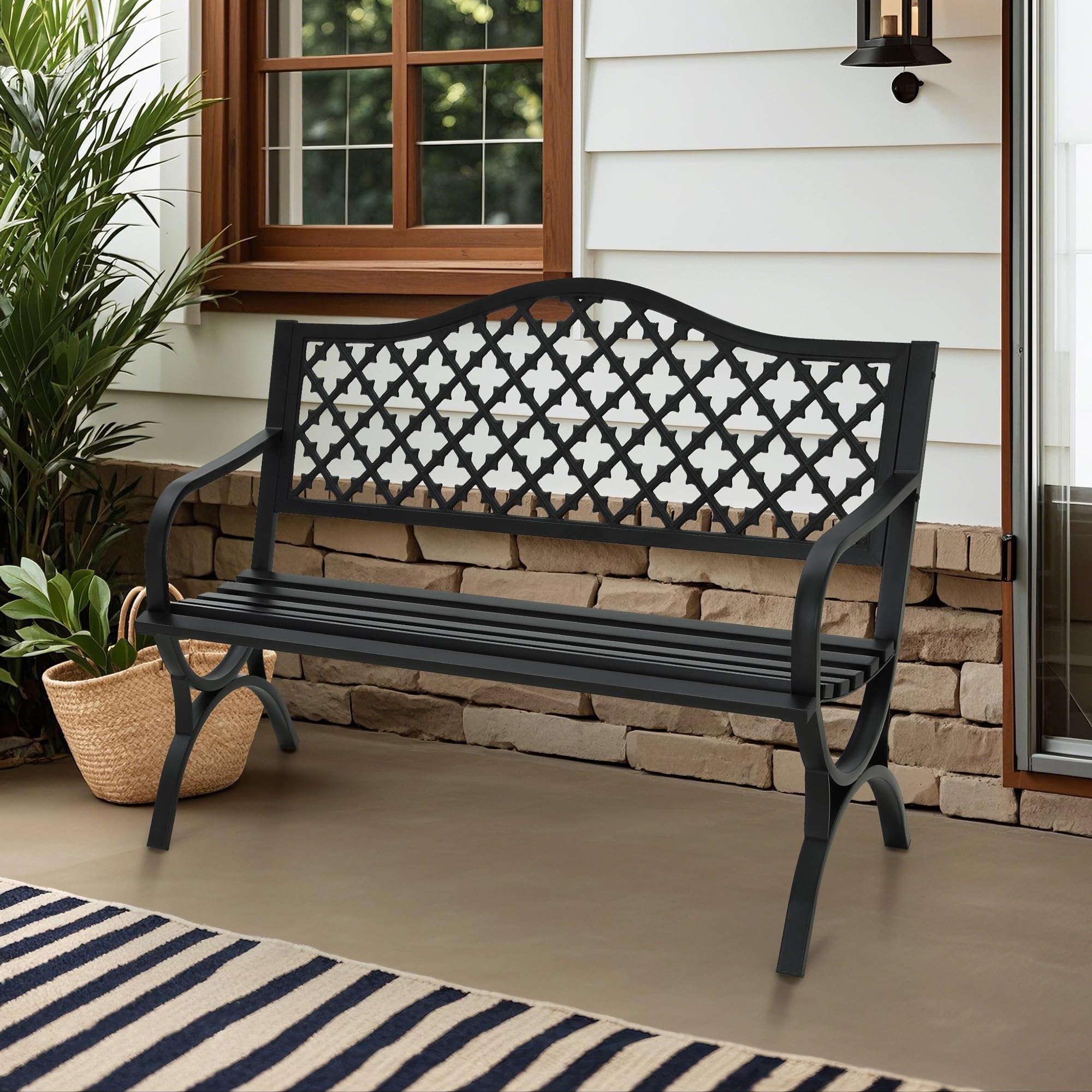 MFSTUDIO 50 Inch Black Outdoor Metal Garden Bench with Arch Legs - Heavy Duty Cast Iron Patio Furniture with E-Coating - Perfect for Porch, Yard, Garden & Outdoor Seating