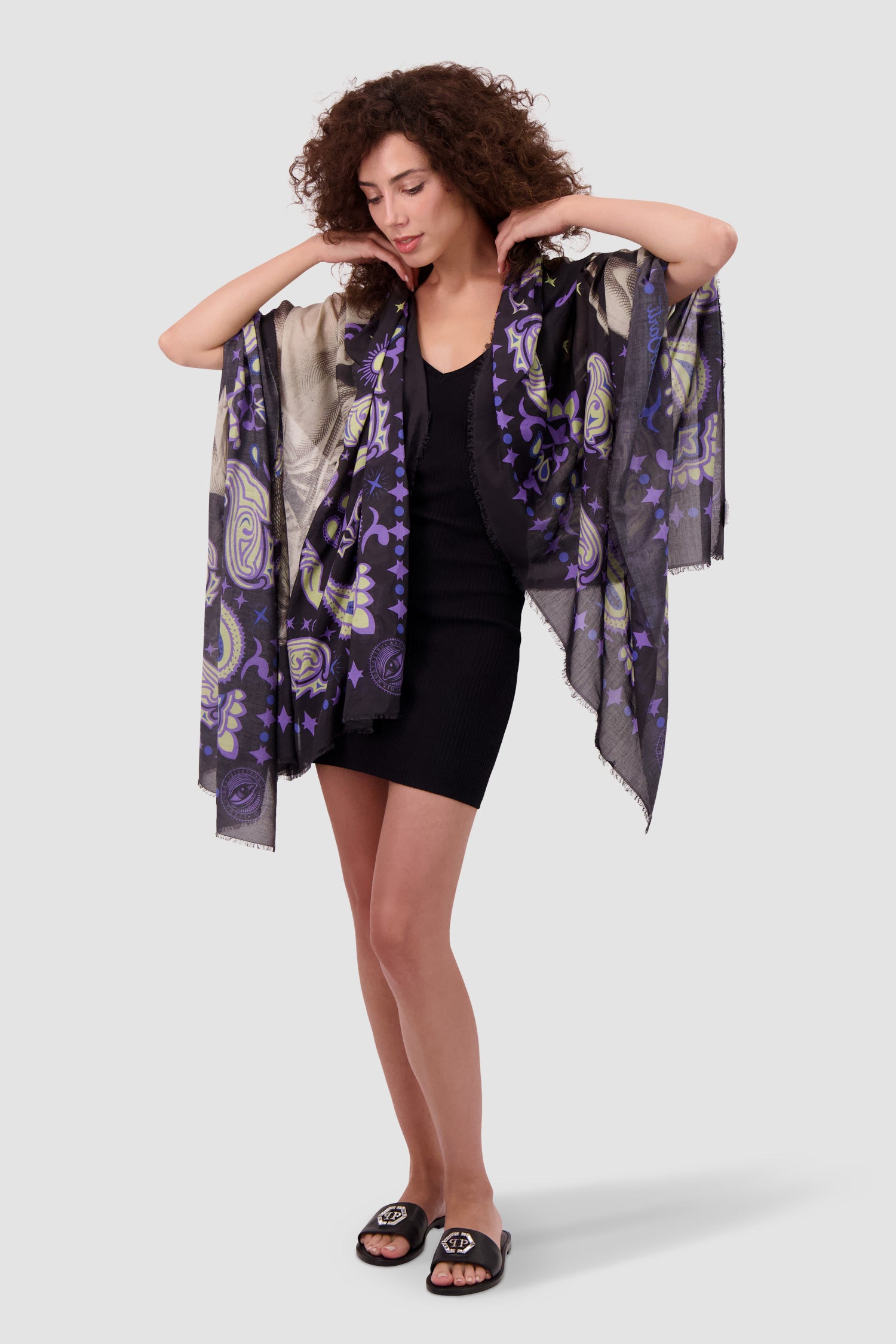Faliero Sarti Black Psichedelica Scarf - Luxury Italian Silk Shawl for Women - Perfect for Evening Events, Weddings & Gift Giving