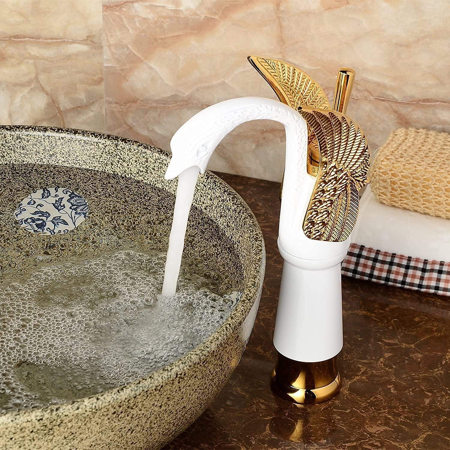 Swan White & Gold Tall Vessel Sink Faucet - Single Handle One Hole Basin Mixer Tap with Matching Pop Up Drain (No Overflow) - Perfect for Modern Bathroom Vanities & Bowl Sinks