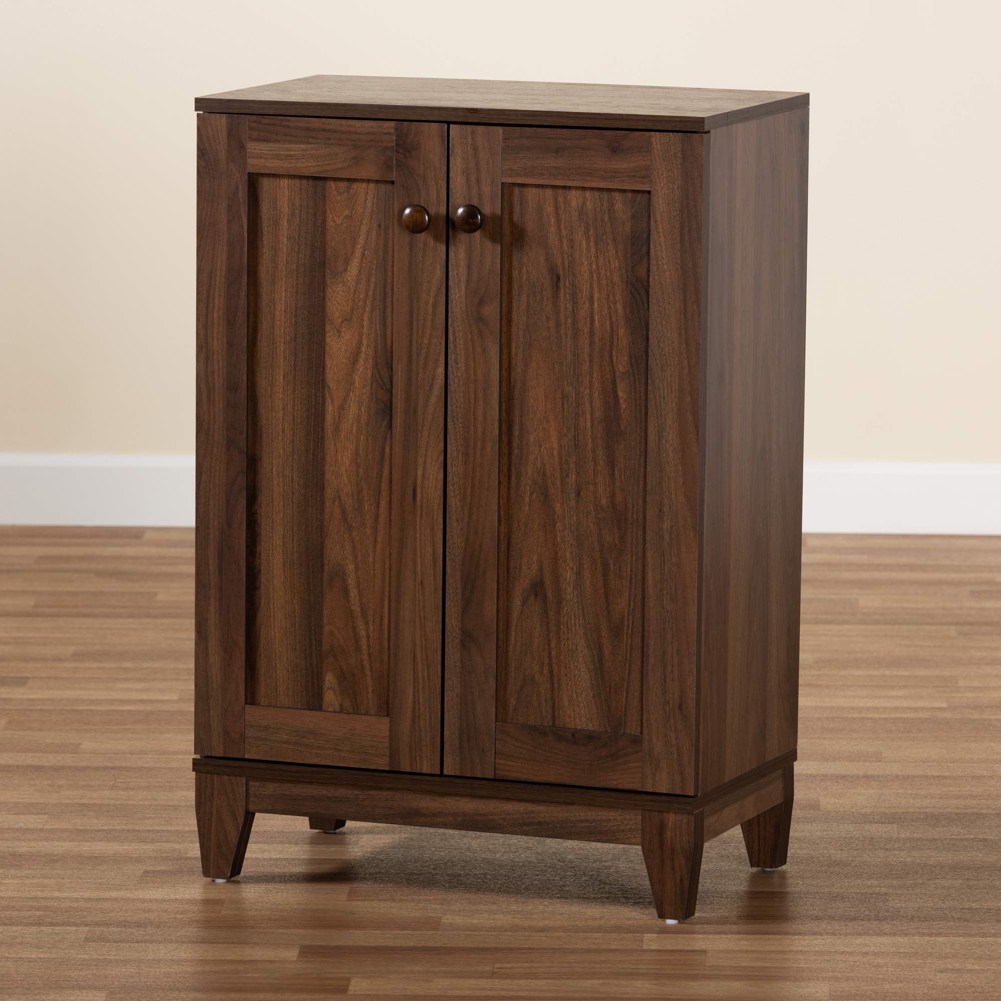 Baxton Studio Nissa Modern Walnut Brown 2-Door Shoe Storage Cabinet - Contemporary Wooden Shoe Organizer for Entryway, Bedroom & Closet Organization