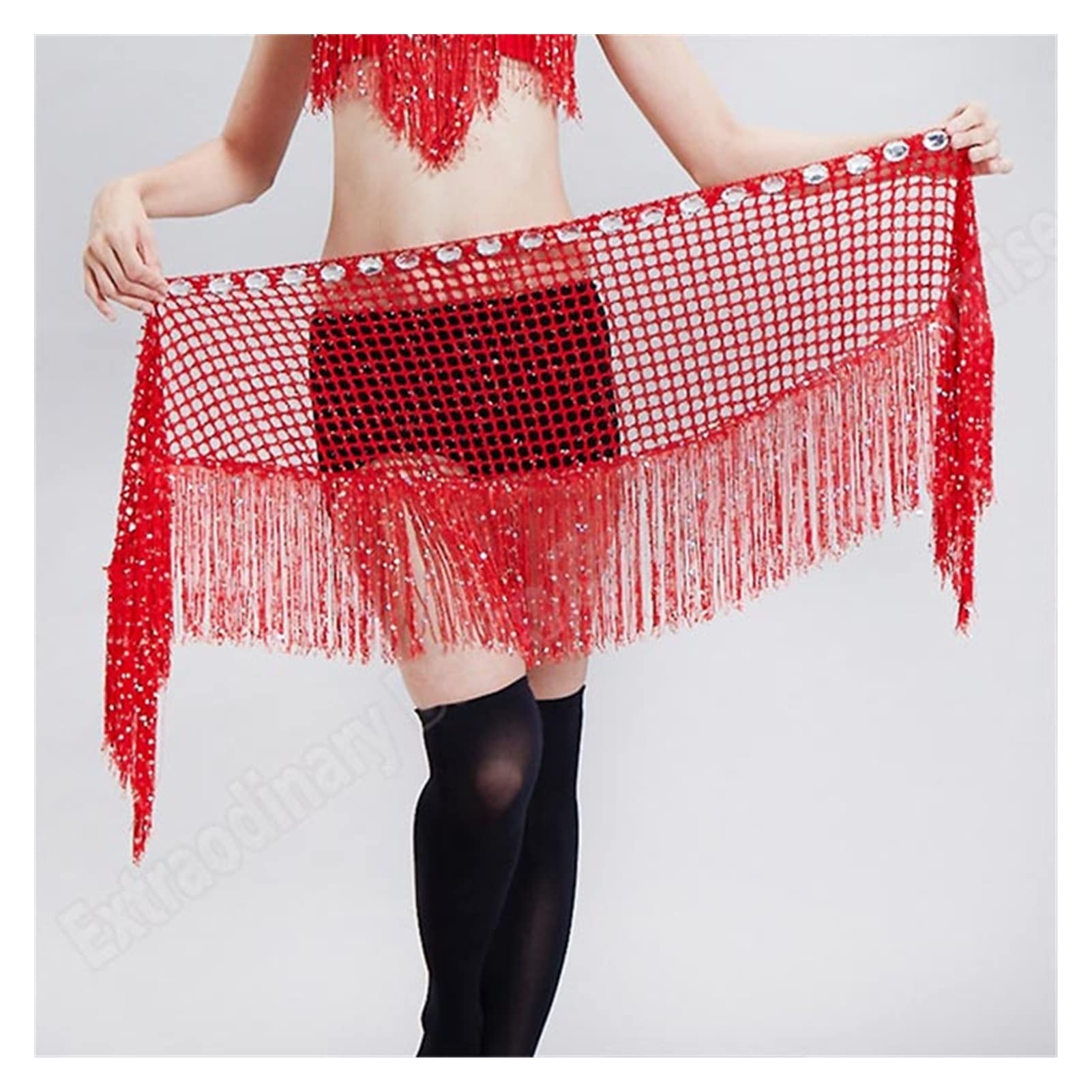 Belly Dance Hip Scarf for Women - Stretchy Sequin Tassel Waist Wrap with Irregular Hem - Perfect for Belly Dancing, Yoga, and Performance Costumes (Red, One Size)