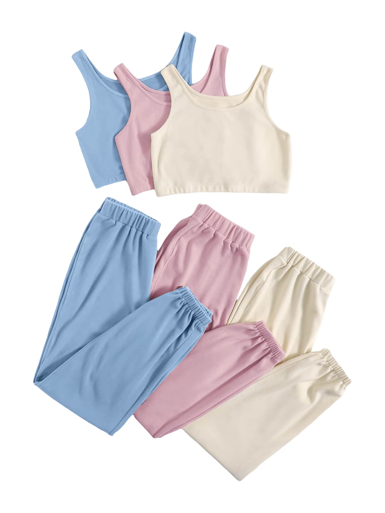Verdusa Women's 6-Piece Lounge Set - Soft Cotton Tracksuit with Crop Tank Top & Sweatpants | Comfortable Outfit for Yoga, Gym, Running & Home Relaxation