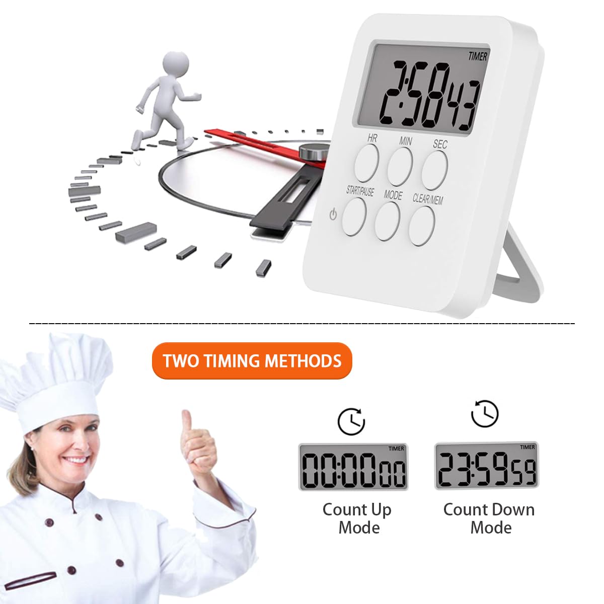 Magnetic Digital Kitchen Timer with Loud/Mute Alarm - 3-in-1 Count Up/Down Timer, Large LCD Display & Memory Function - Perfect for Cooking, Baking, Studying and Office Use (White)