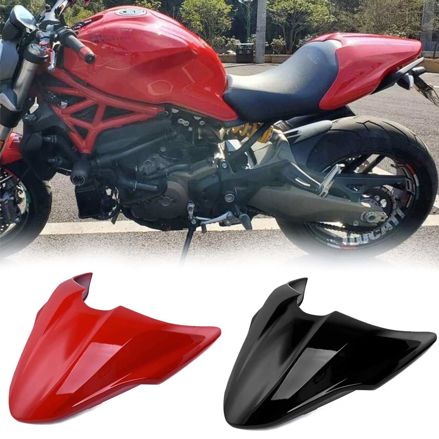 Safuotn Motorcycle Rear Passenger Pillion Solo Seat Cowl Hard Fairing Tail Cover for Ducati Monster 1200 1200S 821 STRIPE DARK 2014-2021 - Black - Perfect for Urban Commuting & Weekend Cruising