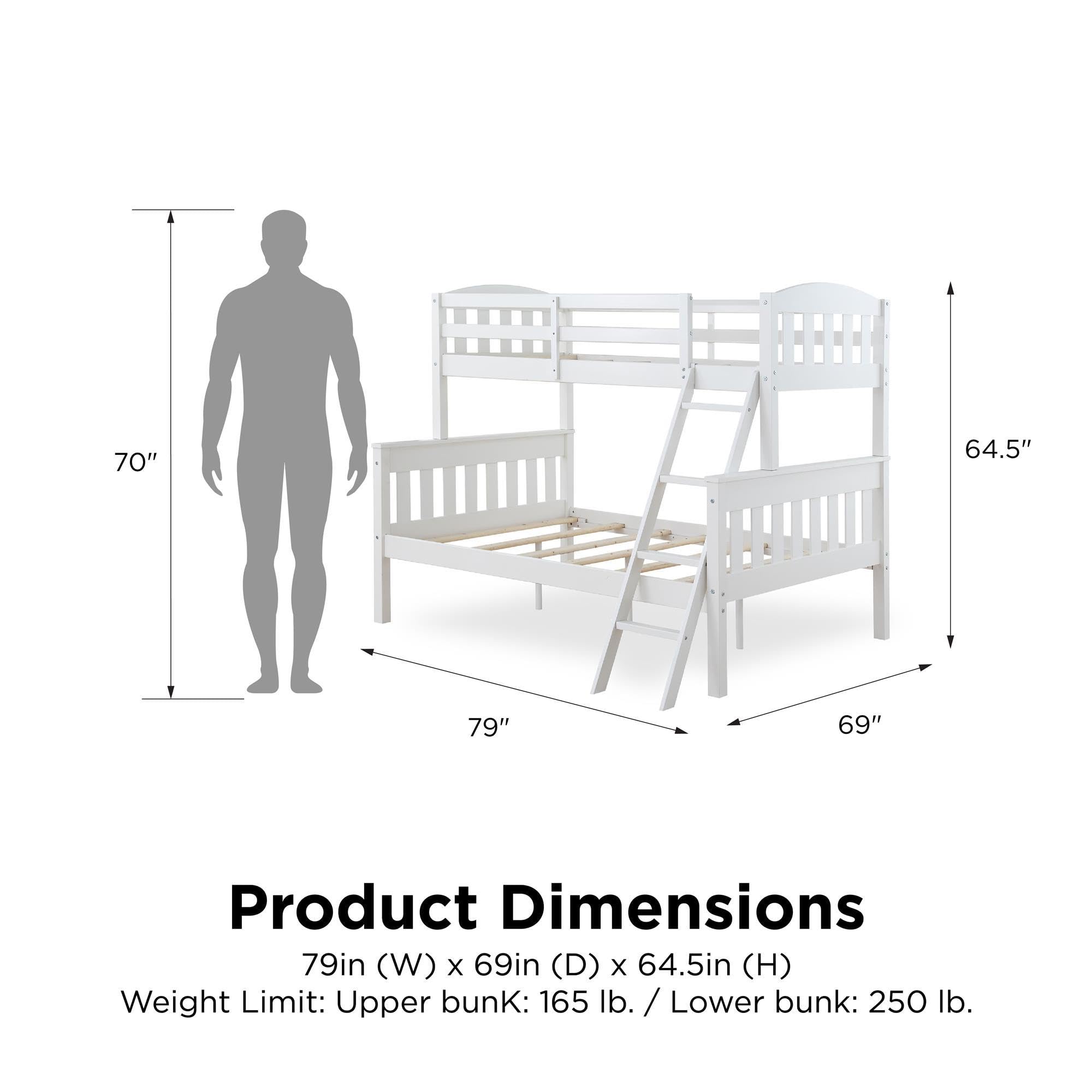 DHP Airlie Twin Over Full Bunk Bed - White Wooden Convertible Bunk Bed with 4-Step Ladder & Safety Guard Rails | Space-Saving Kids Bedroom Furniture for Small Rooms & Shared Spaces