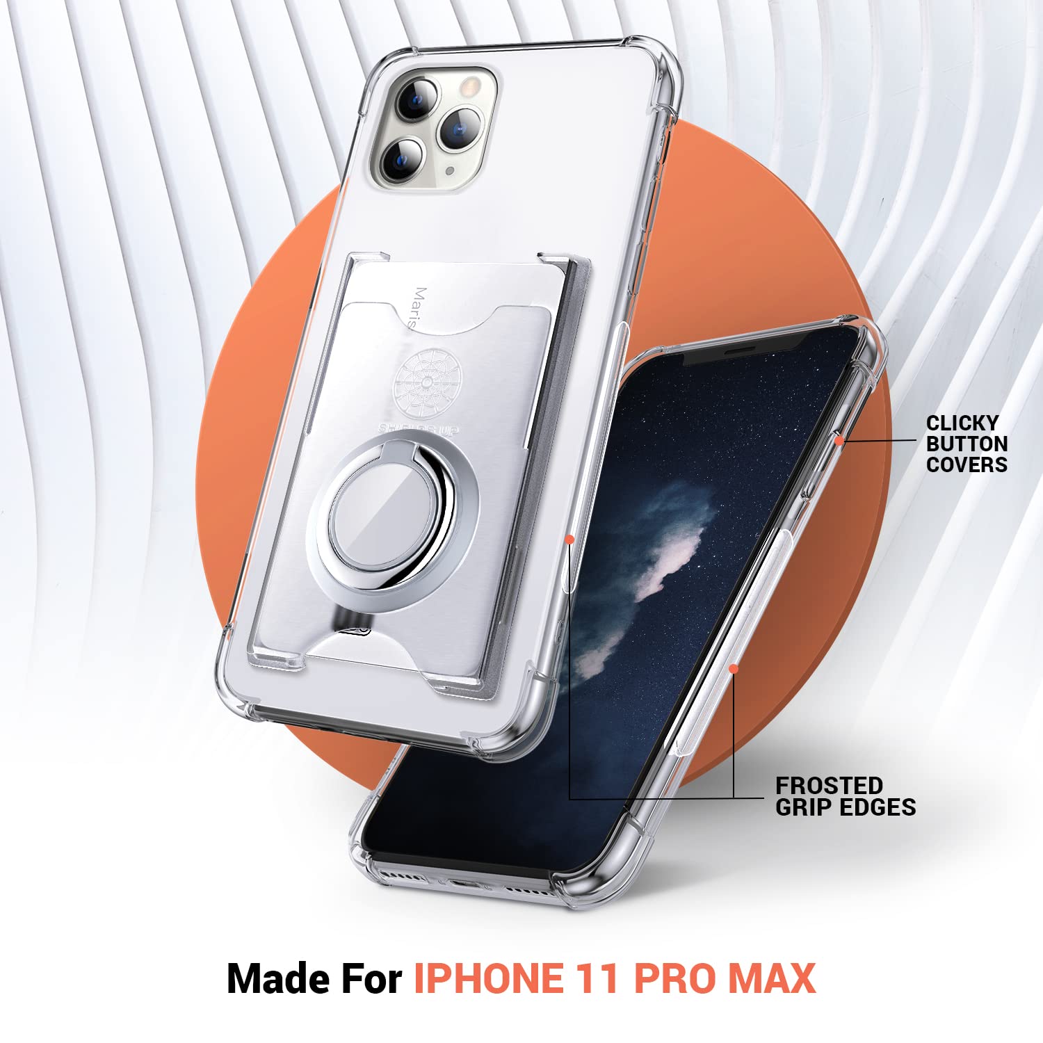 SHIELDS UP iPhone 11 Pro Max Case (6.5 inch) - Slim Transparent TPU Wallet Case with Ring Kickstand & Card Holder | Shockproof Bumper Cover | Perfect for Everyday Use, Travel & Hands-Free Viewing