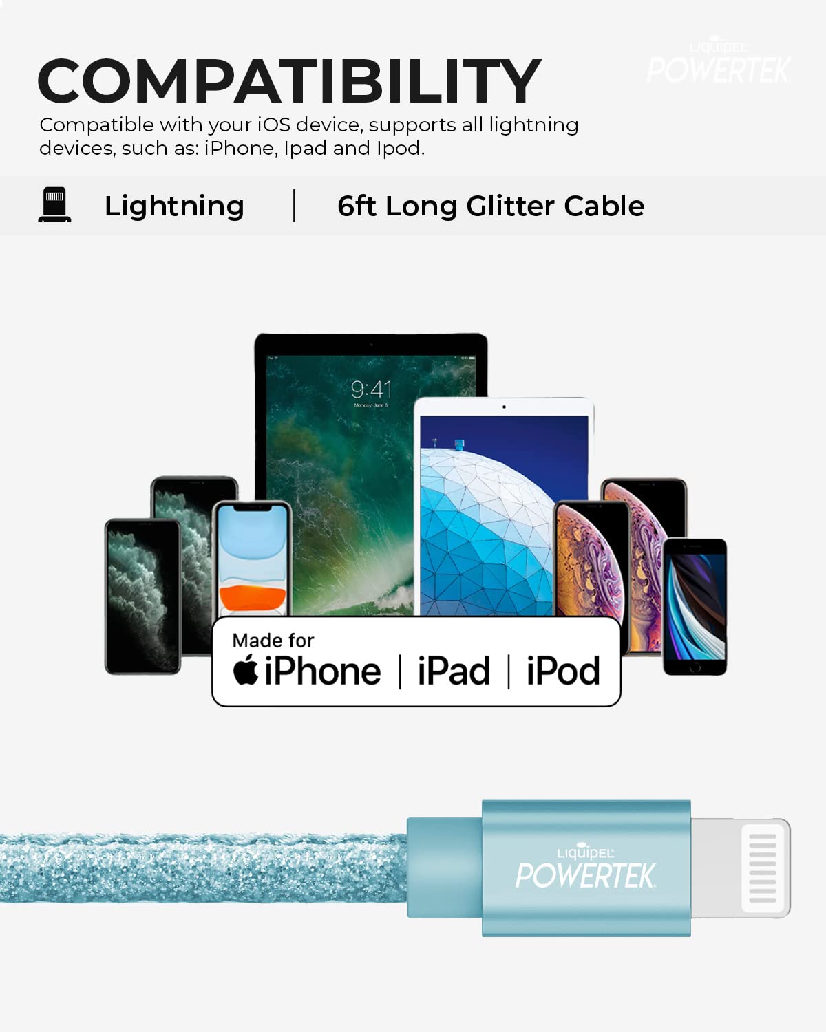 LIQUIPEL Powertek Glitter MFi Certified Fast Charging Cable 6ft - Lightning to USB Cable Compatible with iPhone 14/13/12/11/X/8/7, iPad & AirPods - Baby Blue | Perfect for Home, Office & Travel Charging