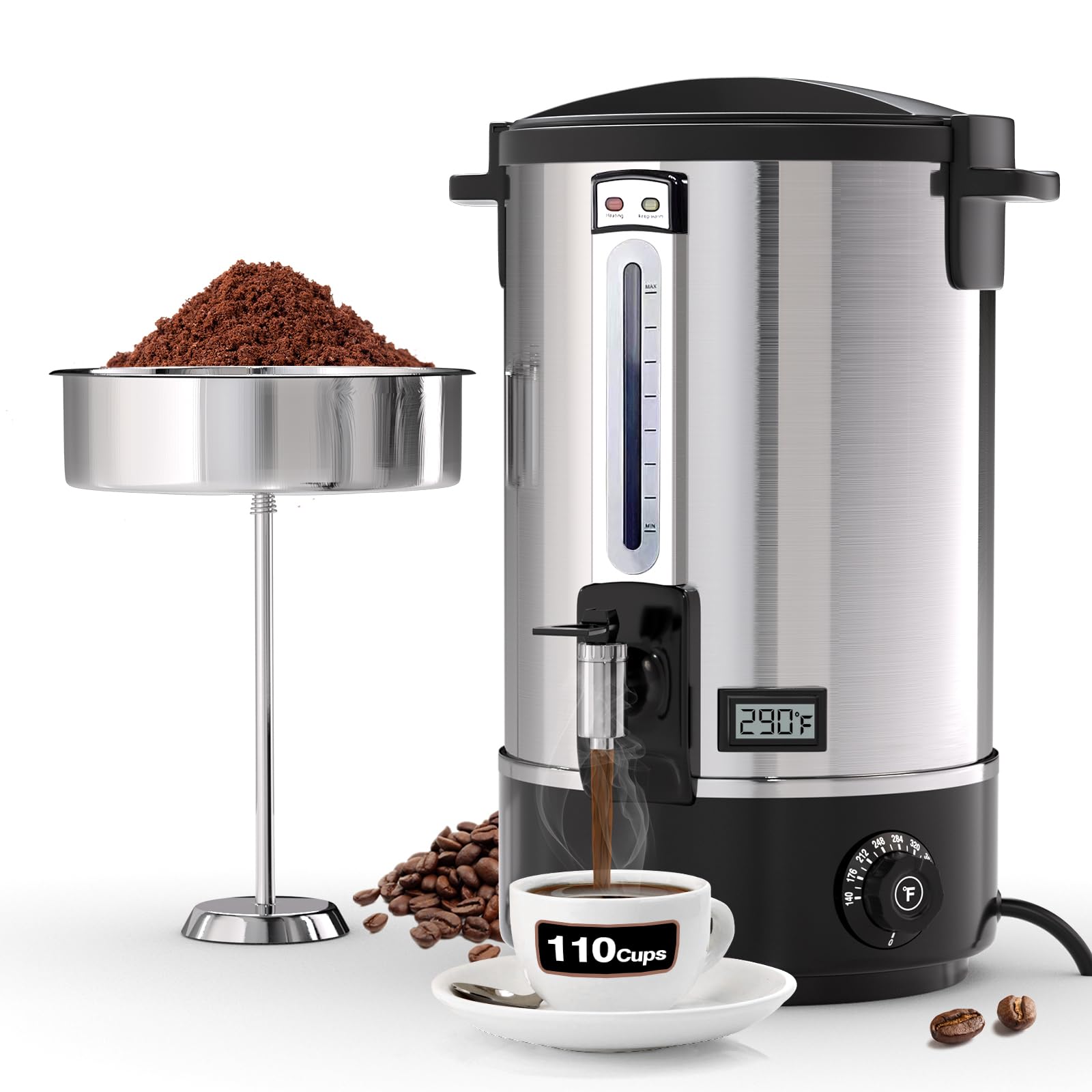 110-Cup 16L Commercial Coffee Urn - Stainless Steel Electric Hot Beverage Dispenser with Thermometer & Double Wall Insulation - Fast Brew for Weddings, Parties, Catering Events - Easy to Clean - Perfect for Large Gatherings, Office Coffee Stations & Event Catering Services