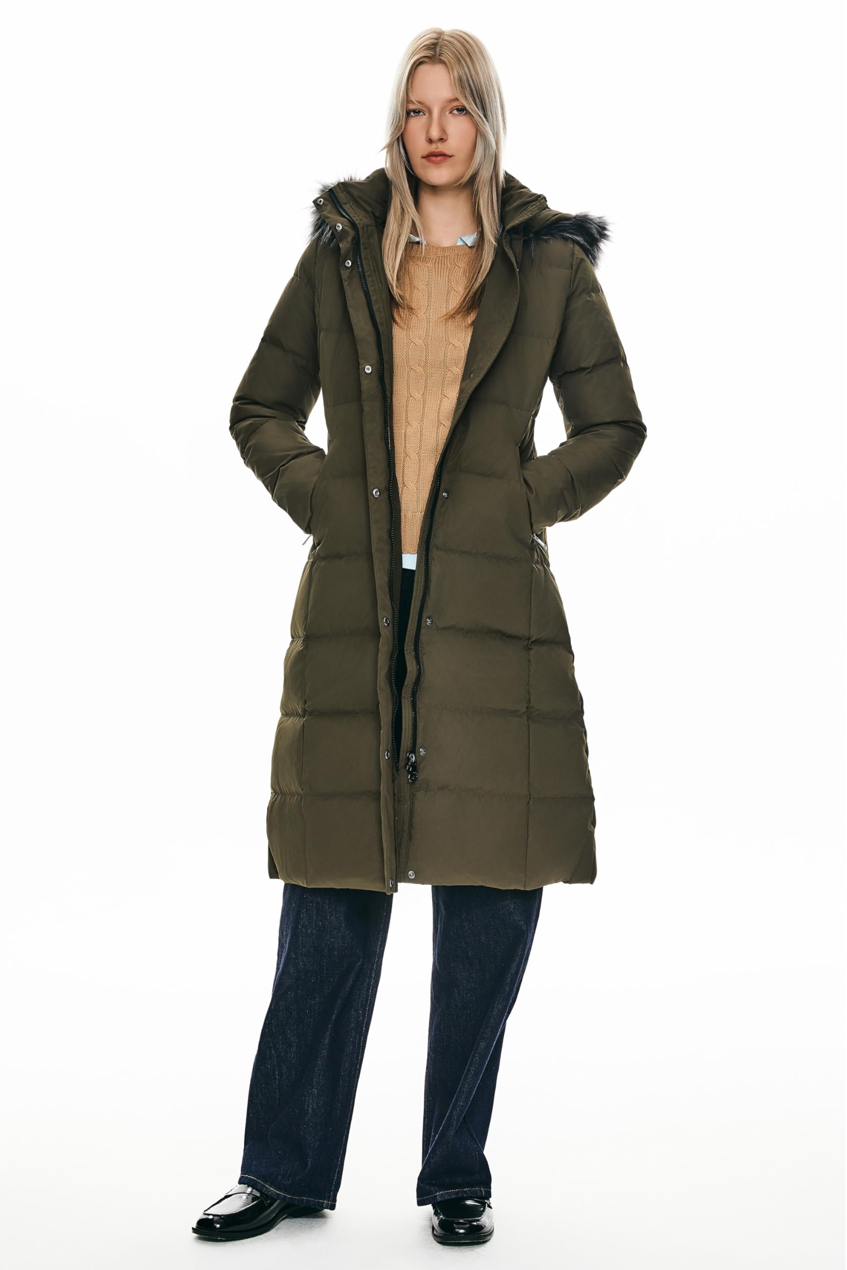 Orolay Women's Quilted Down Jacket - Winter Long Coat with Hood & Stand Collar - Warm Waterproof Parka for Outdoor Activities, Skiing, and Cold Weather Fashion