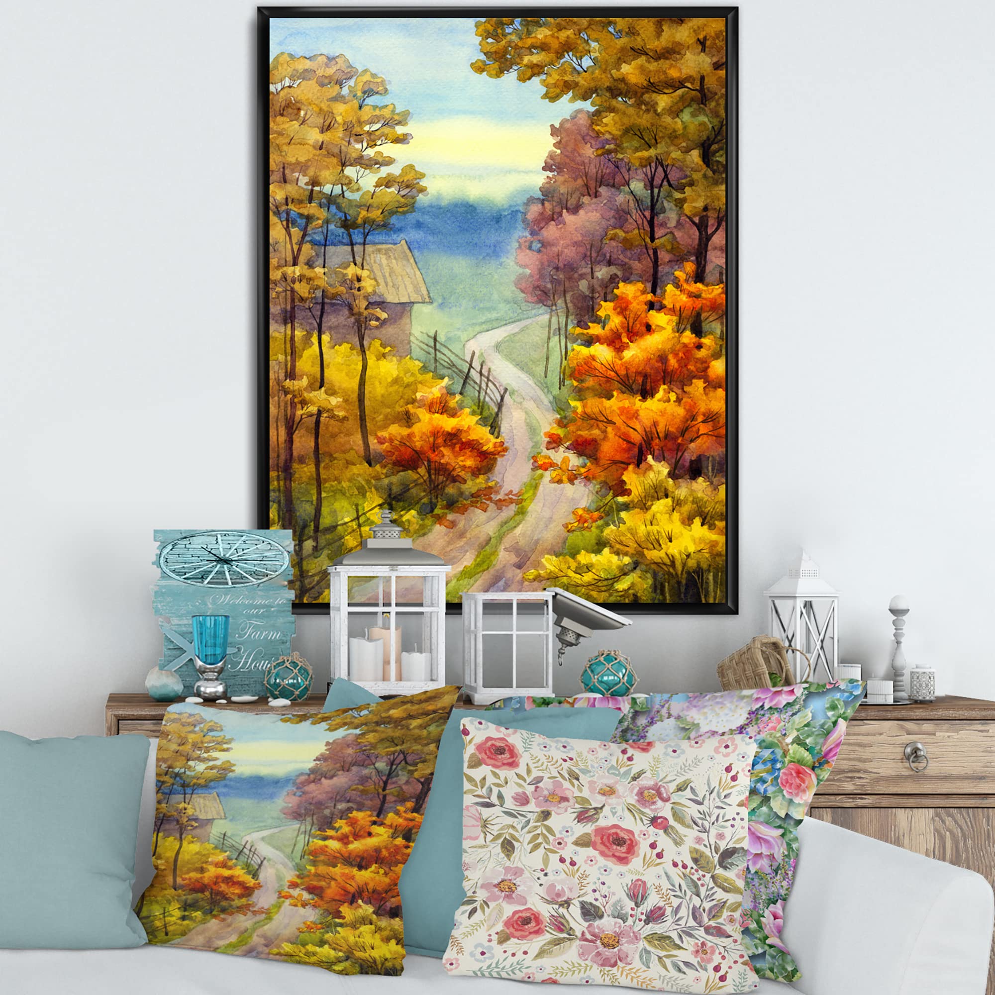 DesignQ Vibrant Autumn Lake House Framed Canvas Wall Art Print - Rustic Home Decor for Living Room, Bedroom & Office