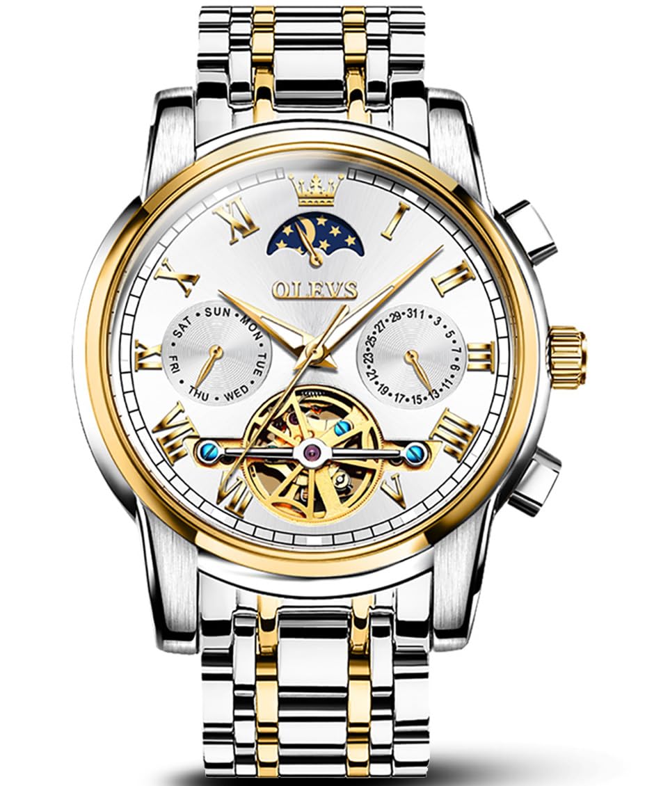 OLEVS Automatic Self-Winding Men's Watch with Date & Day Calendar, Stainless Steel Skeleton Tourbillon Watch - No Battery, Waterproof (30M) - Perfect for Business, Casual & Formal Occasions