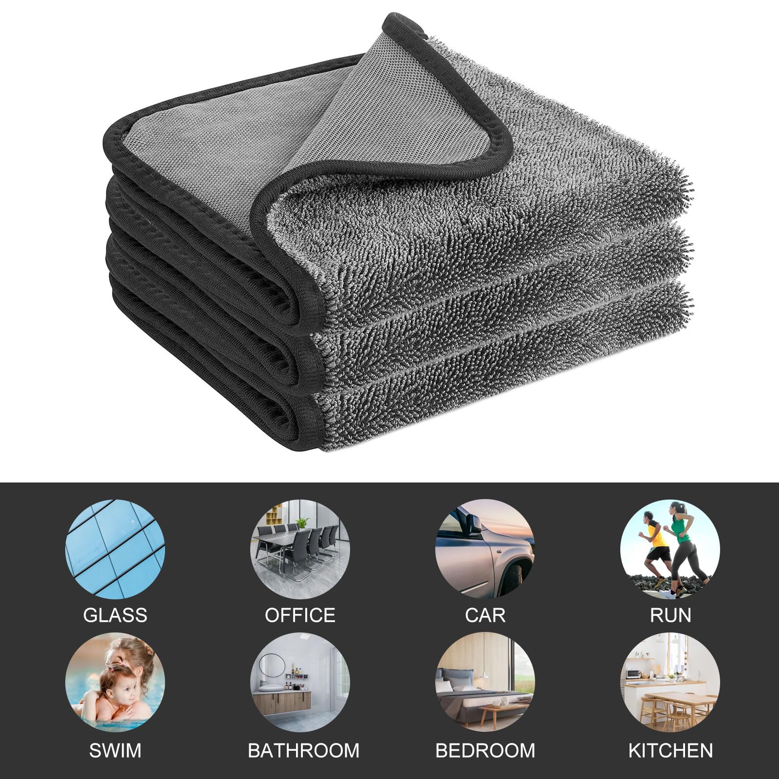 3PCS Super Absorbent Microfiber Bath Towels - Quick Drying Shiny Bath & Body Towels for Bathroom, Spa, Gym - Soft Black Cleaning Towels for Home, Car & Office Use
