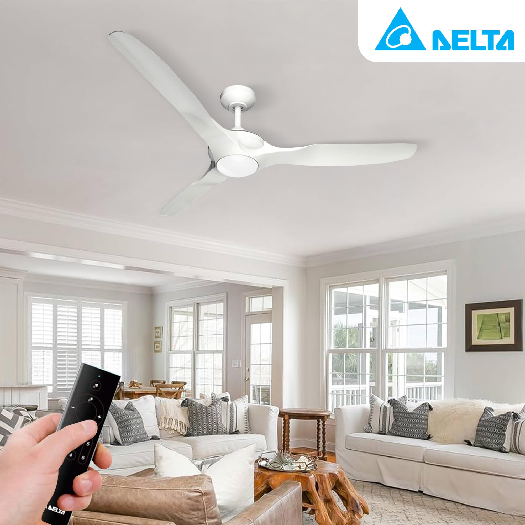 Breez Delta 52 Inch Ceiling Fan with LED Light and Remote Control - Indoor Outdoor Ceiling Fan for Bedroom, Living Room, Patio - White (Benicia Collection)