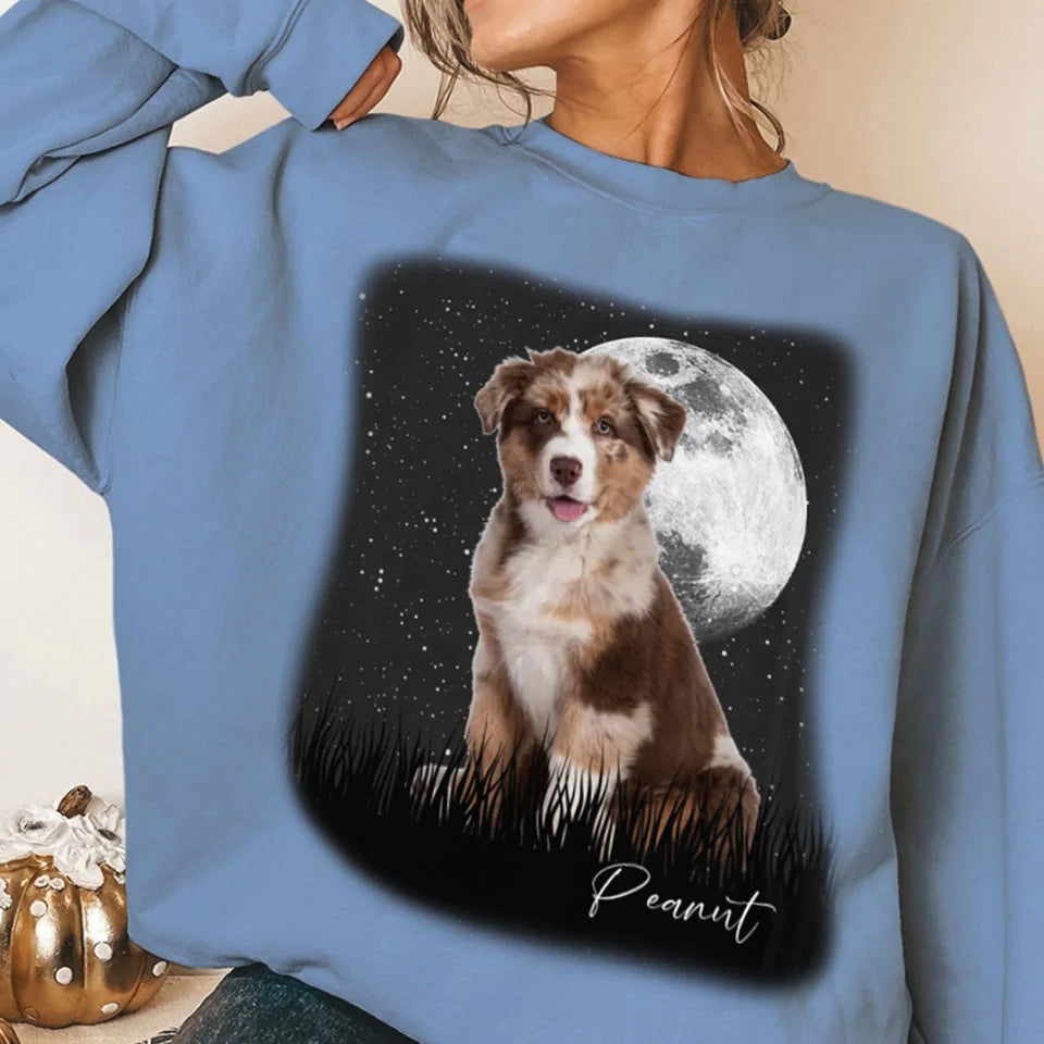 Custom Vintage Full Moon Pet Photo Sweatshirt - Personalized Dog Cat Lover Gift - Cozy Pullover for Family Matching Outfits, Couple Wear & Pet Memorial