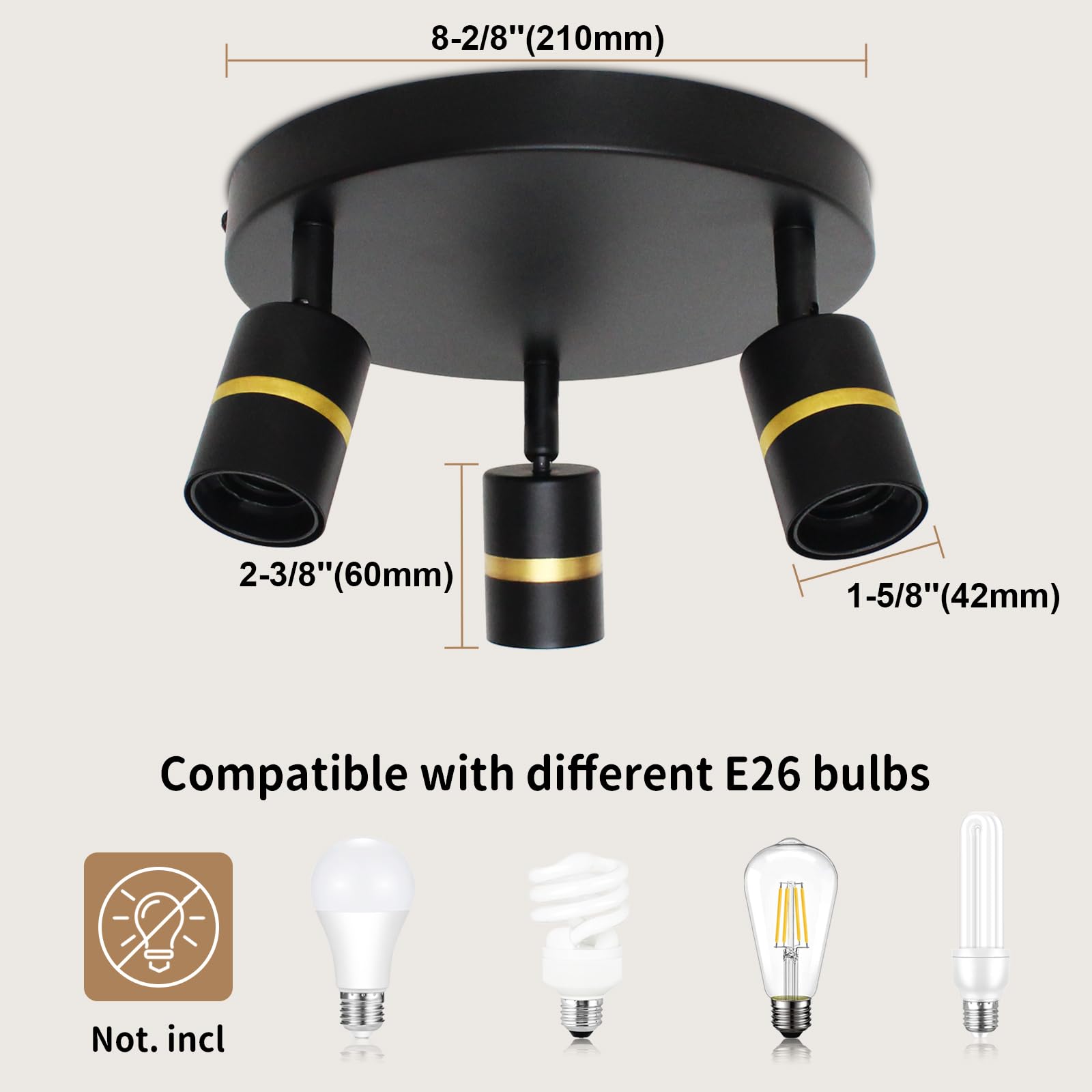 3-Lights Adjustable Track Lighting Fixture, Black Flush Mount Ceiling Light with Rotatable Spotlights for Kitchen, Living Room, Hallway - E26 Base (Bulbs Not Included) | Modern Home & Office Lighting Solution