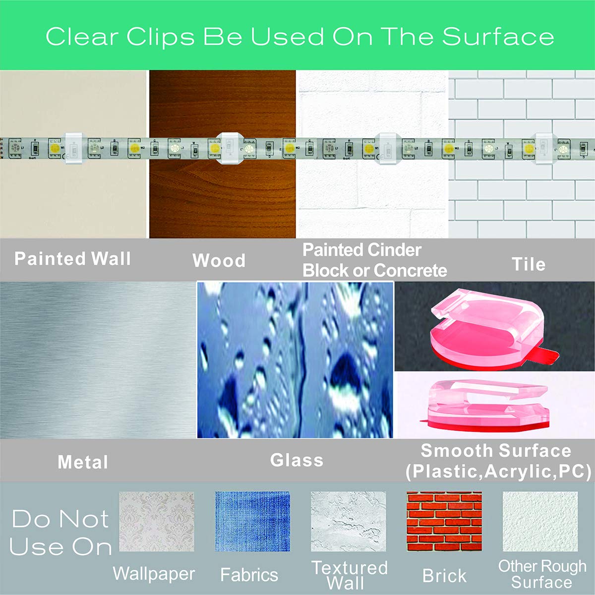 100 Pack Clear Self-Adhesive LED Strip Light Mounting Clips - 8mm/10mm/12mm Universal Fixing Clamps with Hooks for USB Cable Wires Organizer - Perfect for Under Cabinet Lighting, Home Theater Setup & DIY LED Projects