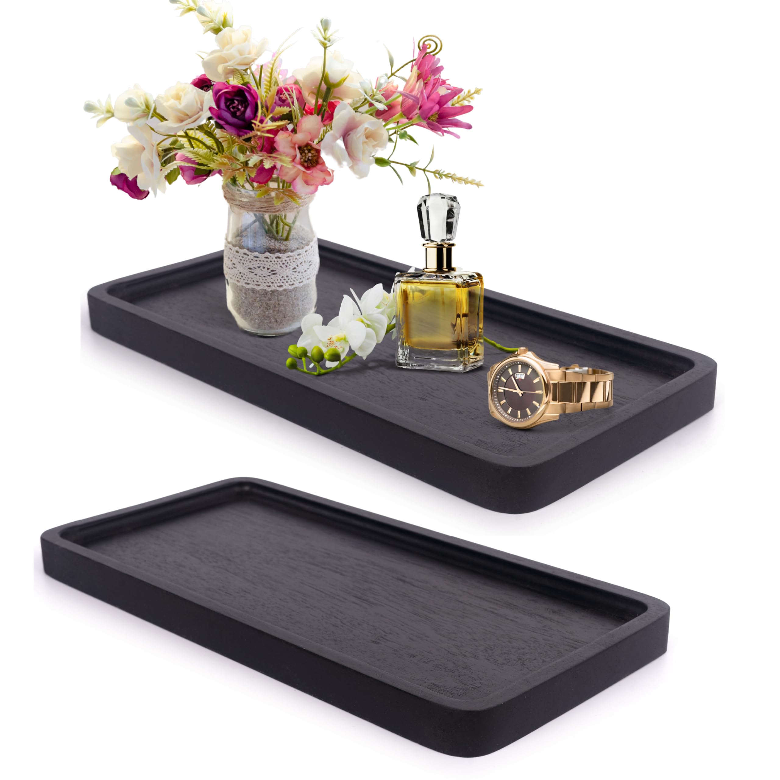 KOLWON Bathroom Vanity Tray - Elegant Acacia Wood Organizer for Cosmetics, Jewelry & Perfume (11.8