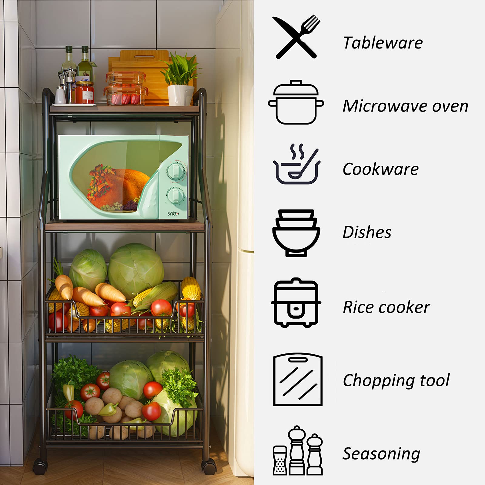 4-Tier Metal Rolling Storage Cart with Wheels - Kitchen Organizer Rack for Pantry, Living Room, Bathroom | Space-Saving Utility Cart for Home & Office Organization