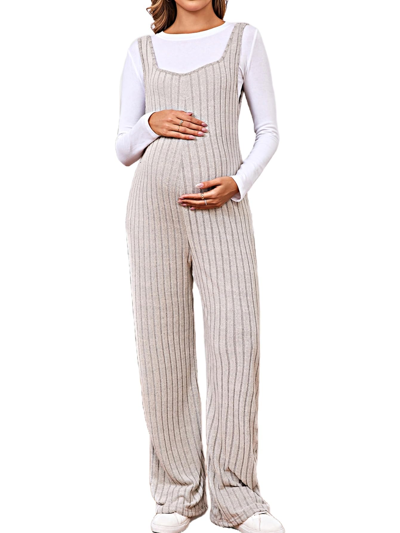 Stylish Women's Maternity Jumpsuit - Sleeveless Rib-Knit Romper with Straight Leg Design | Perfect for Pregnancy Comfort, Nursing & Casual Outings