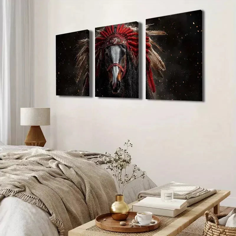 3-Piece Majestic Black Horse & Feather Headdress Wall Art Set - Framed Canvas 50x70cm (20x28in) - High Quality Australian Made Wall Decor - Perfect for Living Room, Bedroom or Office Decoration