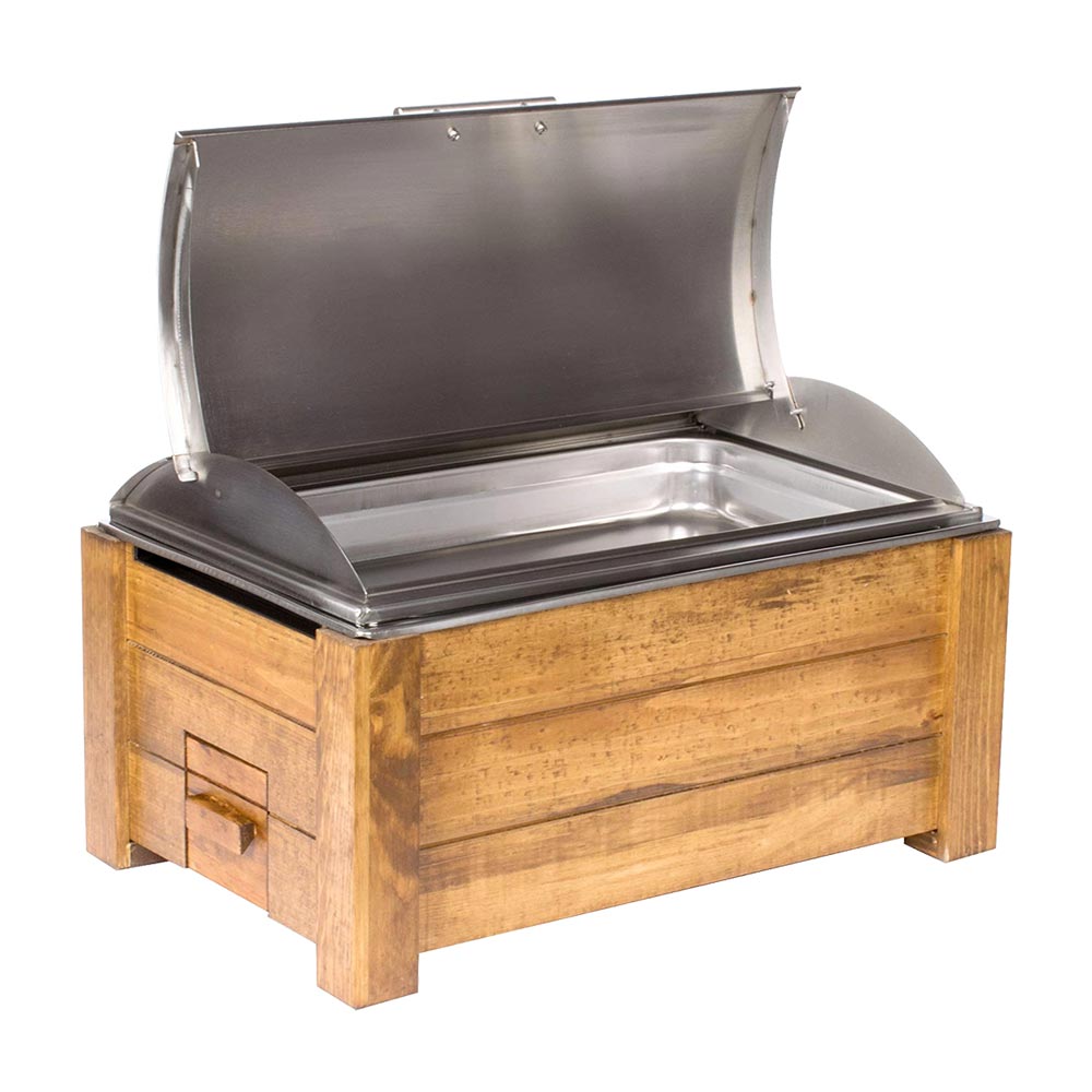 Cal Mil 3429-99 Madera Chafer - 8 Quart Stainless Steel Buffet Server with Wooden Base | Perfect for Catering, Buffets & Keeping Food Warm at Parties