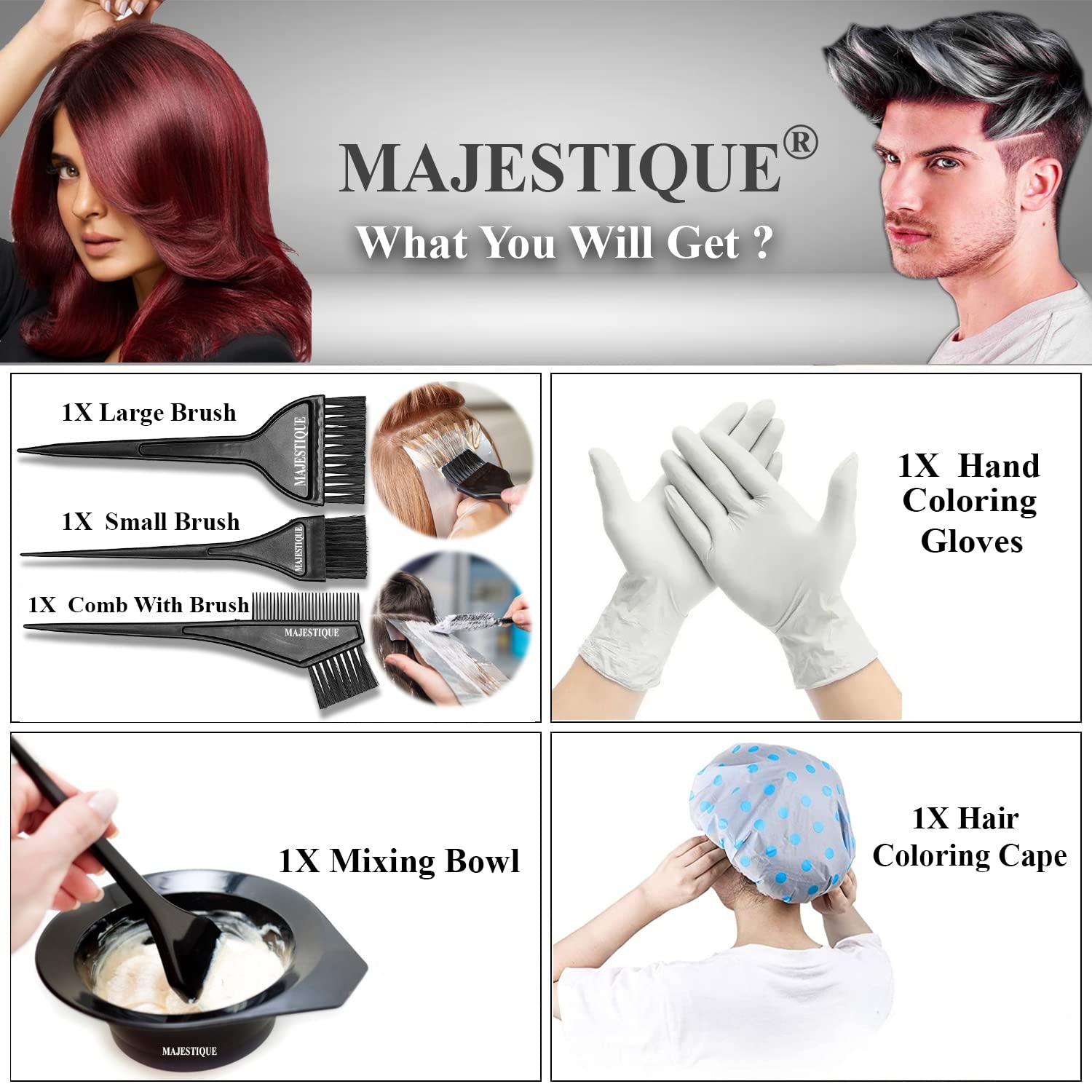 Majestique Professional Hair Coloring Kit - 6 Piece Salon Hair Dye & Bleaching Tools Set with Dye Brush, Tinting Bowl, Cape & Gloves | Perfect for Home Hair Coloring & Salon Styling