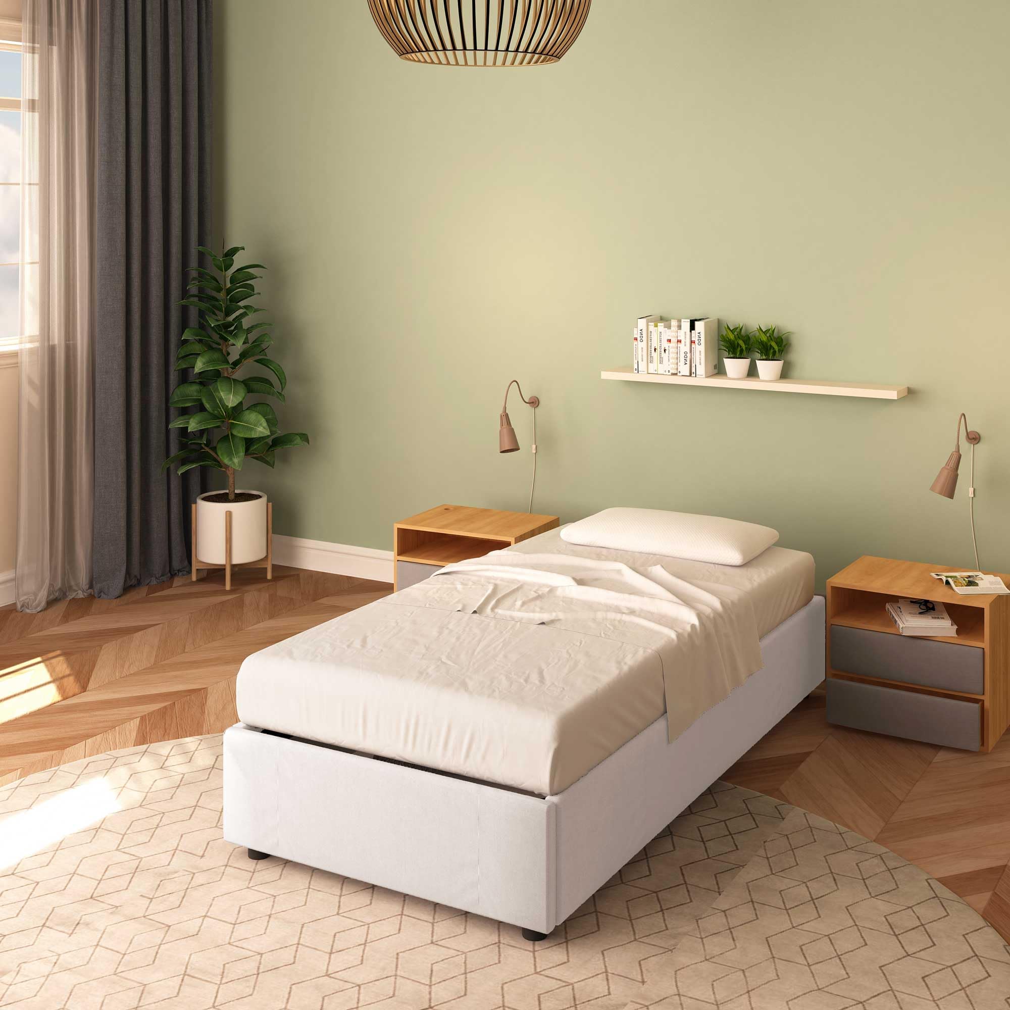 Baldiflex Cloe Square and Half Bed with Storage Container, Fabric Upholstery, No Headboard, Slatted Base for Mattresses, 100 x 200 cm, Light Gray - Perfect for Small Bedrooms, Guest Rooms, and Studio Apartments